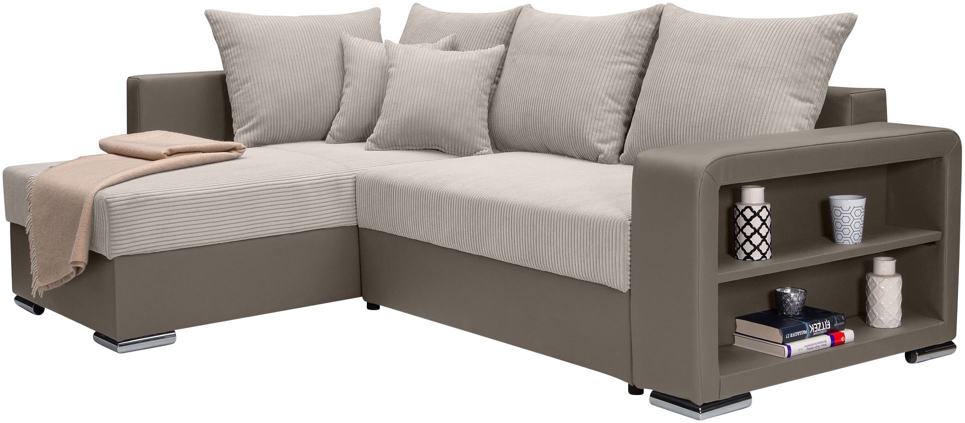 COLLECTION AB Ecksofa »John L-Form, B: 226 cm« Bettfunktion, Bettkasten, Regalelement, Licht & 2 Zierkissen
