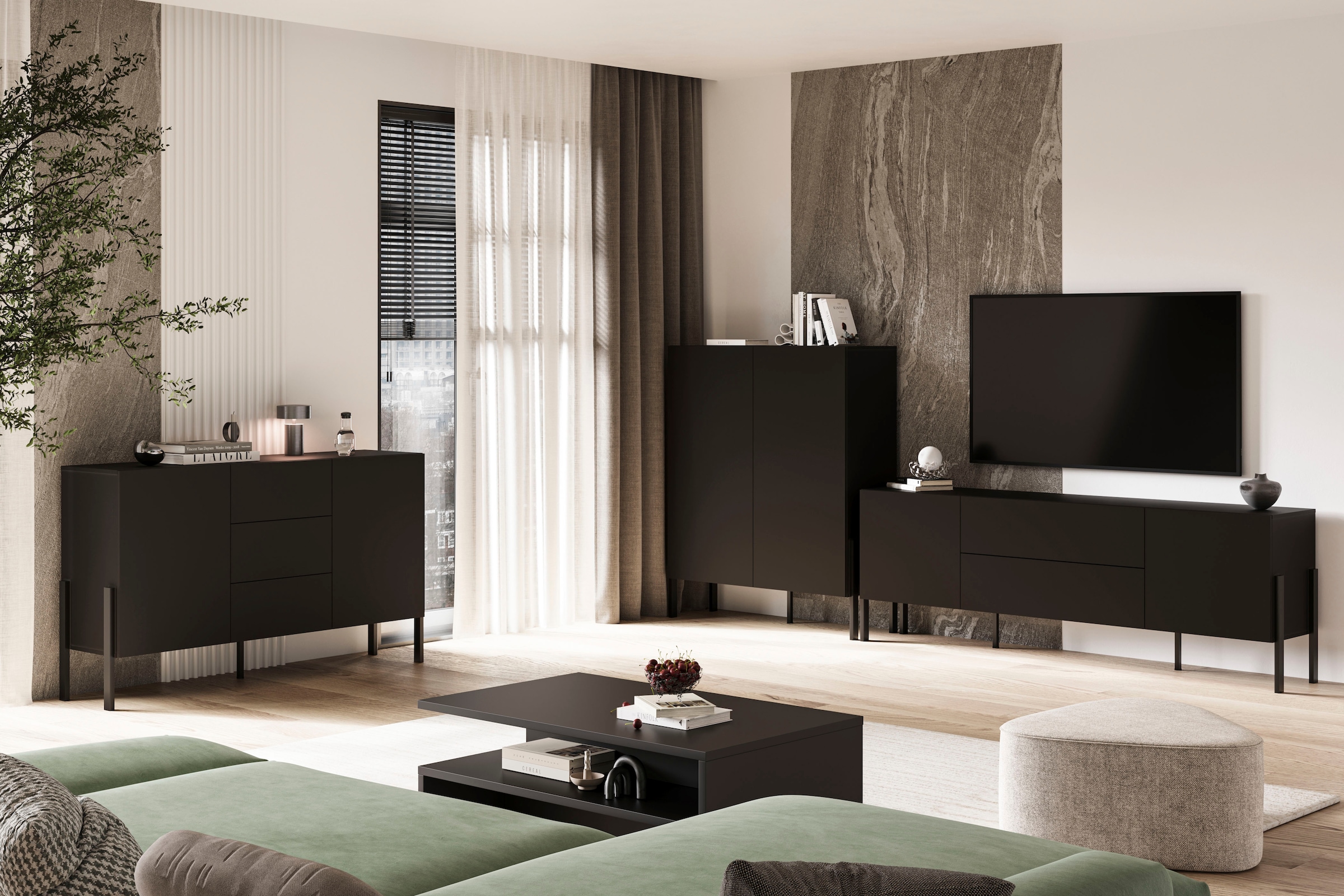 GOODproduct Buffet »Jukon, Breite 150 bzw.180 cm, moderne grifflose Kommode« Schubladenschrank 2 Türen/3 Schubkästen, push-to-open-Funktion