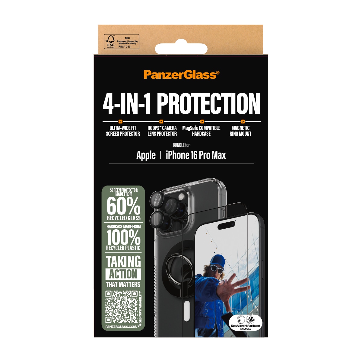 PanzerGlass Displayschutzglas »4-in-1 Protection, Glass, Hoops, Case, Ring Mount«, für Apple iPhone 16 Pro Max, Displayschutzfolie, Schutzfolie, Bildschirmschutz, kratz- & stossfest