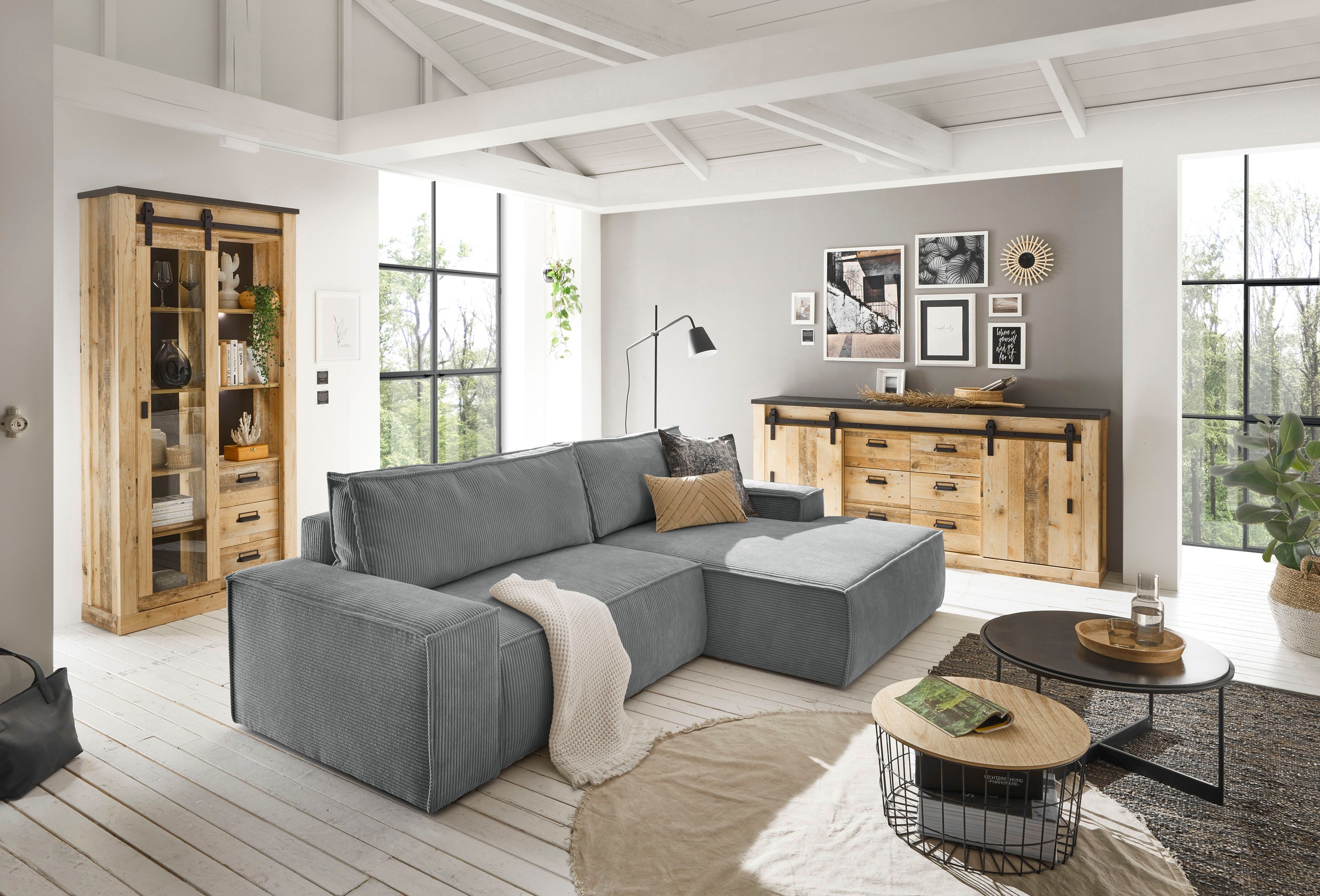 Home affaire Ecksofa SHERWOOD Schlafsofa 267 cm, L-Form, Schlaffunktion mit Bettkasten (210x136 cm), Cord, Vintage, Samtvelours