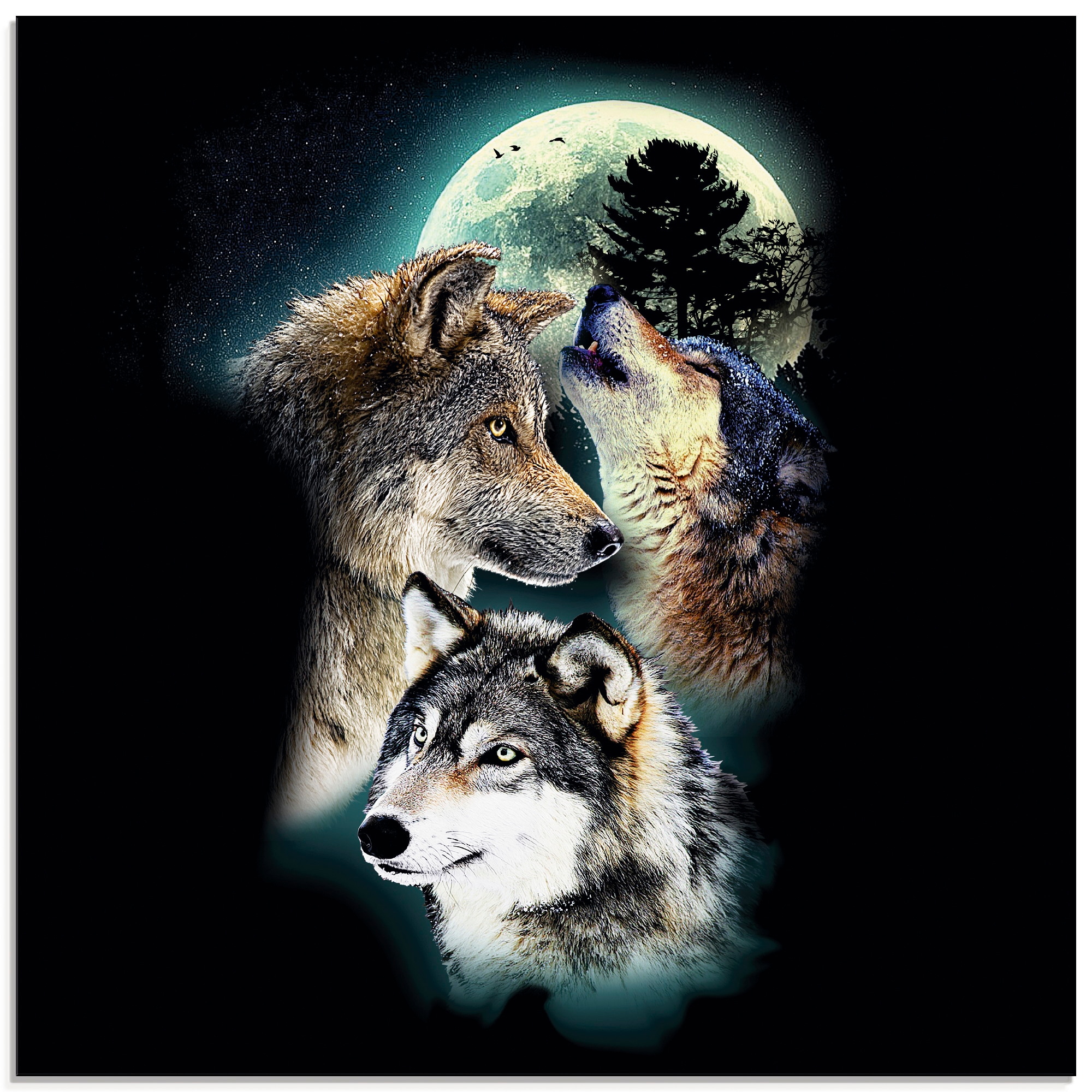 Image of Artland Glasbild "Phantasie Wolf Wölfe mit Mond" Wildtiere 1 Stk. tlg. in verschiedenen Grössen