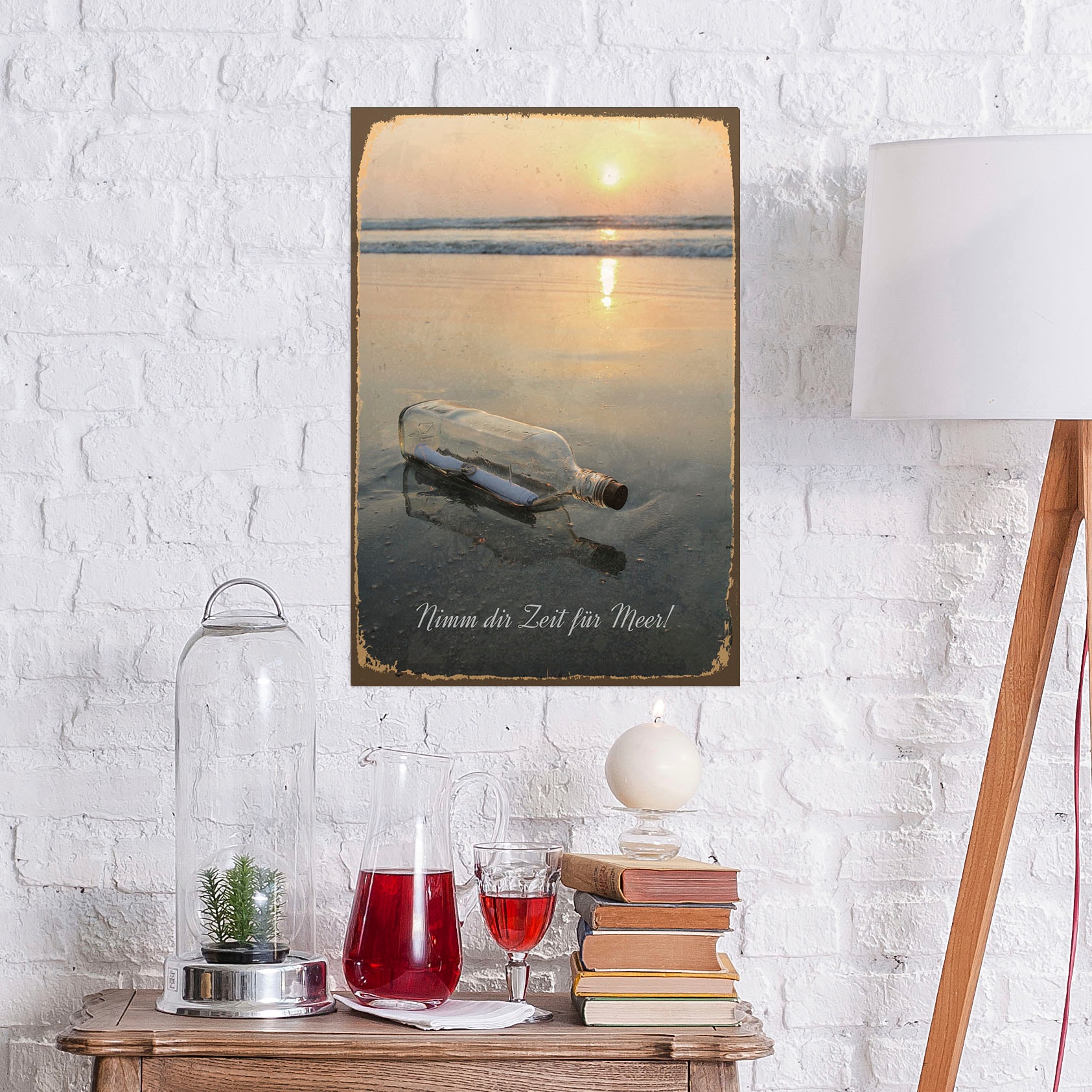 Image of queence Metallbild "Flaschenpost" Meer Schriftzug Strand 1 Stk. tlg. Stahlschilder