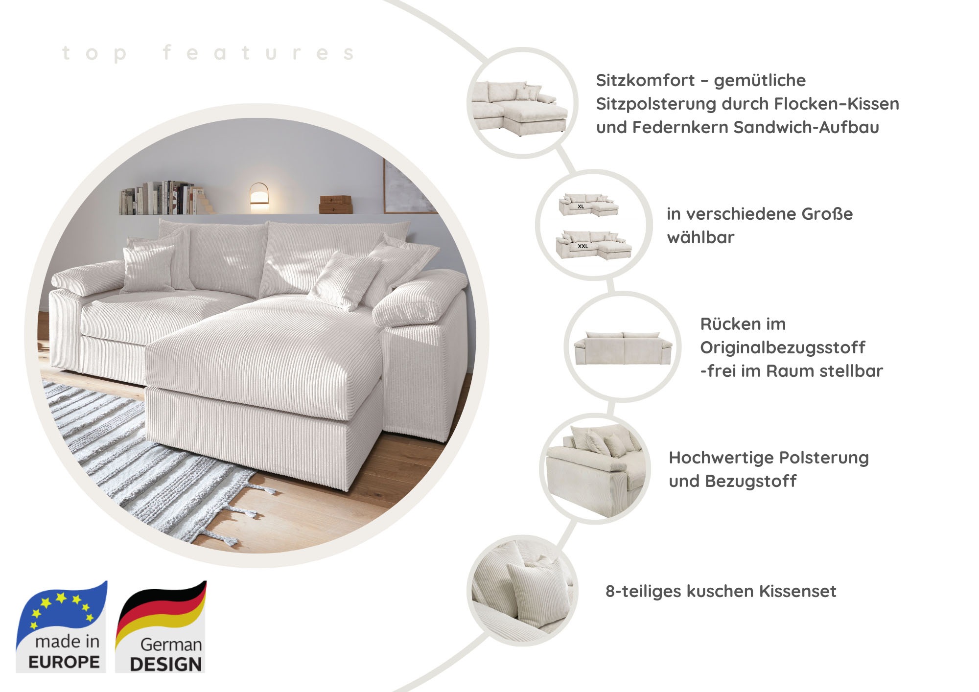 Home affaire Ecksofa »Soft&Cosy XXL L-Form - Breite 303 cm«, Mega-Sofa, Cord oder Chenille-Struktur, Federkern-Polsterung