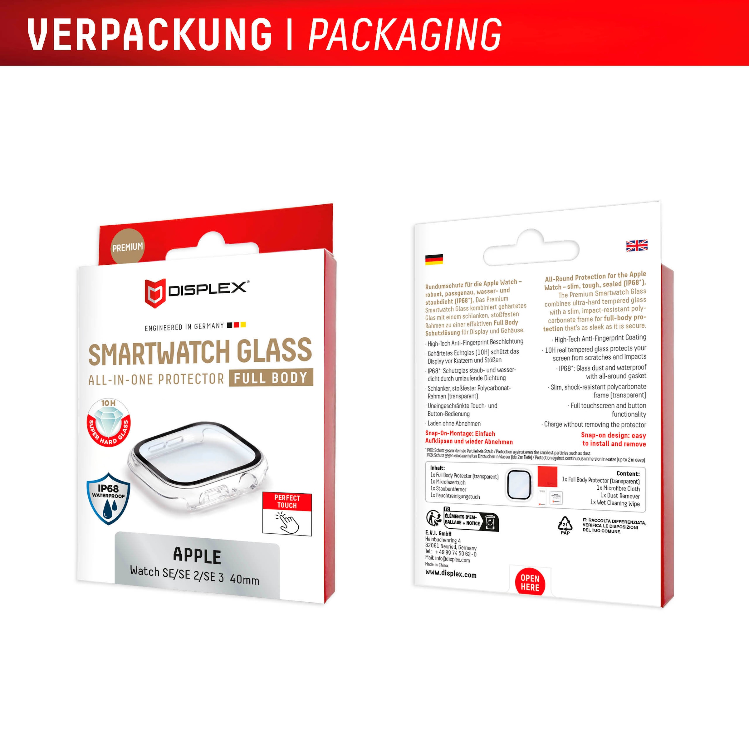 Displex Displayschutzglas »Smartwatch Glass All-In-One Protector Full Body« für Apple Watch SE 40 mm;Apple Watch SE 2 40 mm;Apple Watch SE 3 40 mm Displayschutzfolie, Schutzfolie, Bildschirmschutz, kratz- & stossfest