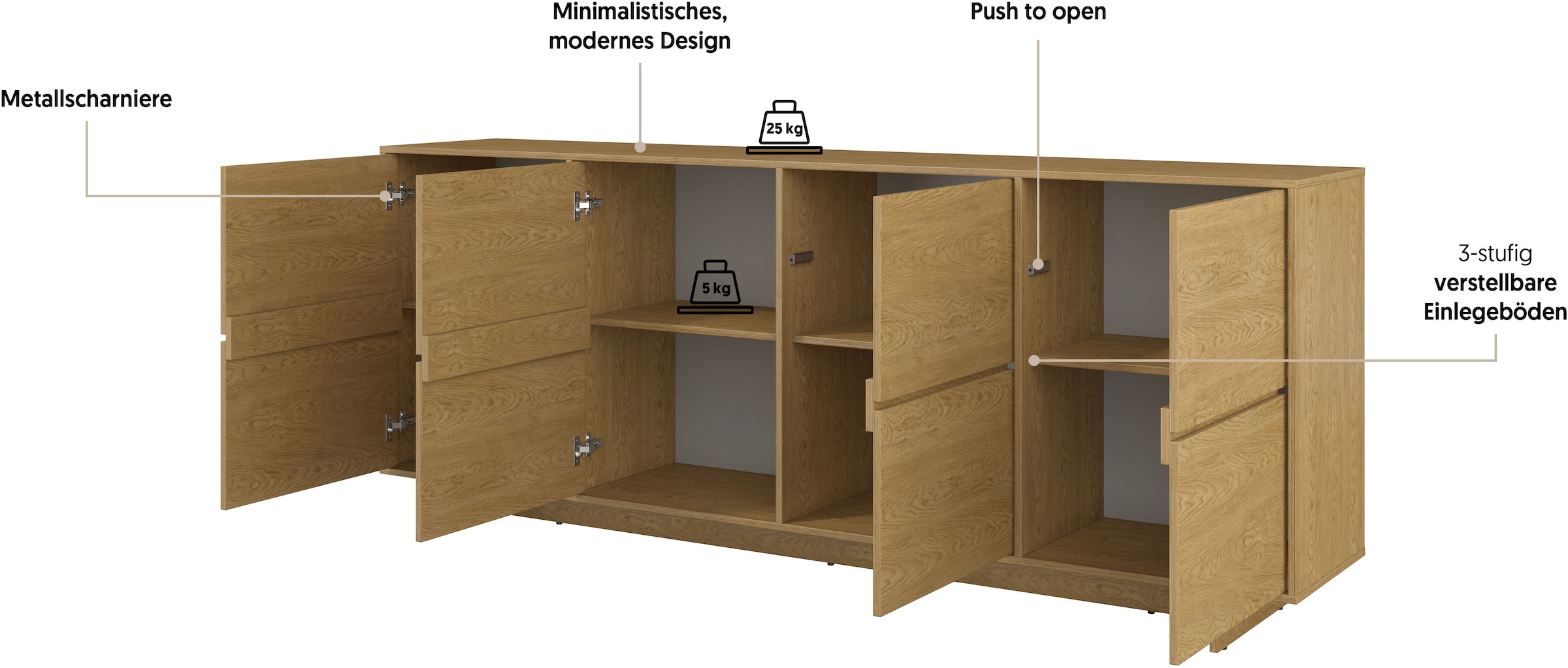 GOODproduct Sideboard »Tatami, Stilvolle, moderne grifflose Kommode 4 Türen, Breite 220cm« Anrichte mit viel Stauraum, Böden verstellbar, push-to-open-Funktion