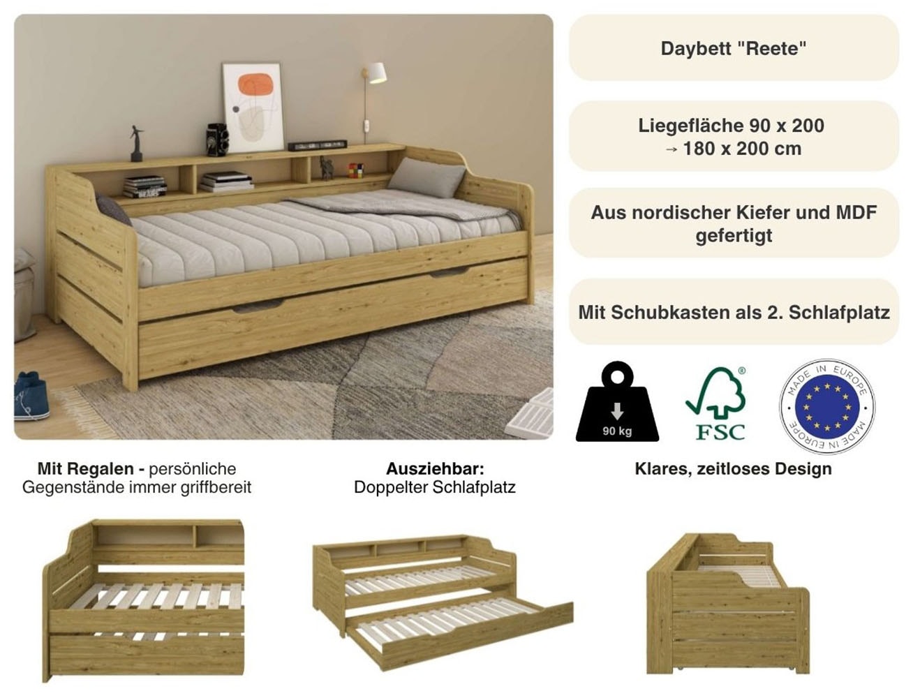 GOODproduct Daybett »"REETE1", Stauraum, Funktionsbett, Kinderbett, inklusive Schubkasten« 90x200cm, 2 Schlafplätze,  mit Regalen, FSC® zertifiziertes Massivholz (Kiefer), Landhausstil