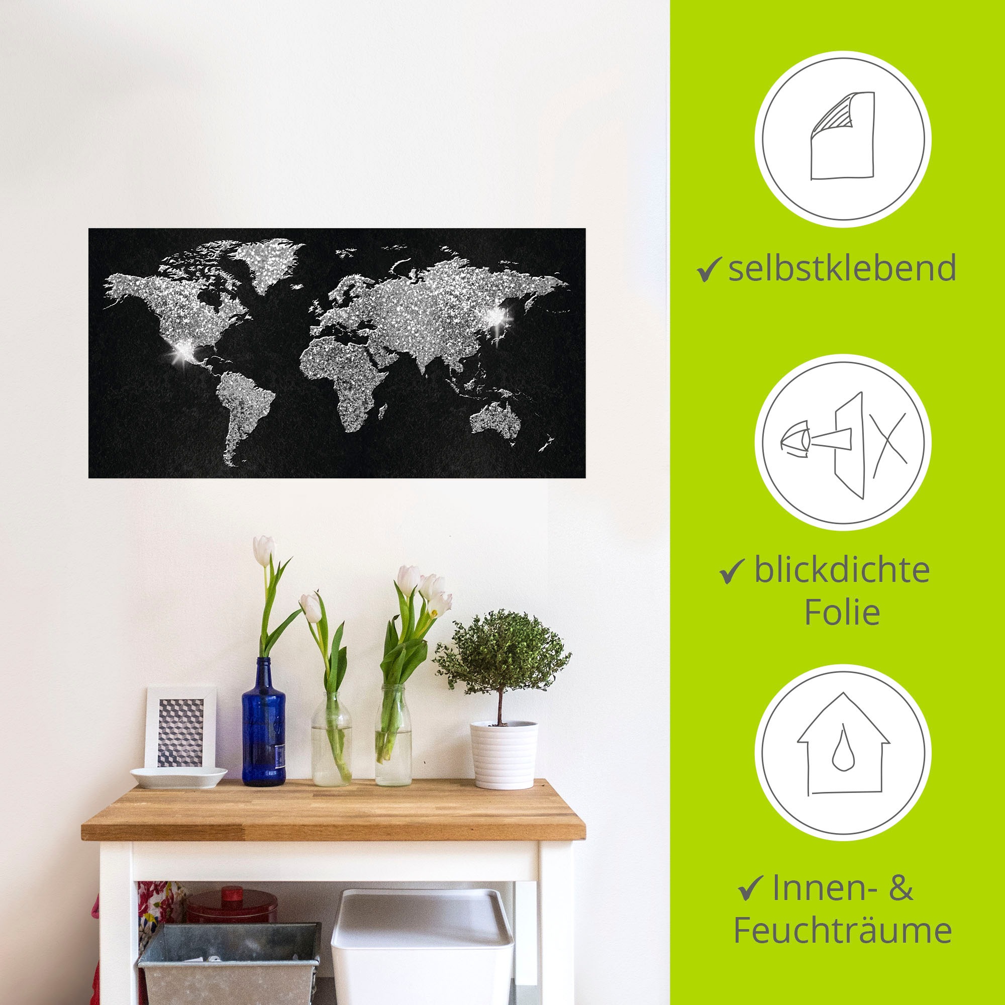 Artland Wandbild »Weltkarte Glitzer«, Land- & Weltkarten, (1 St.), als Alubild, Outdoorbild, Leinwandbild, Poster, Wandaufkleber