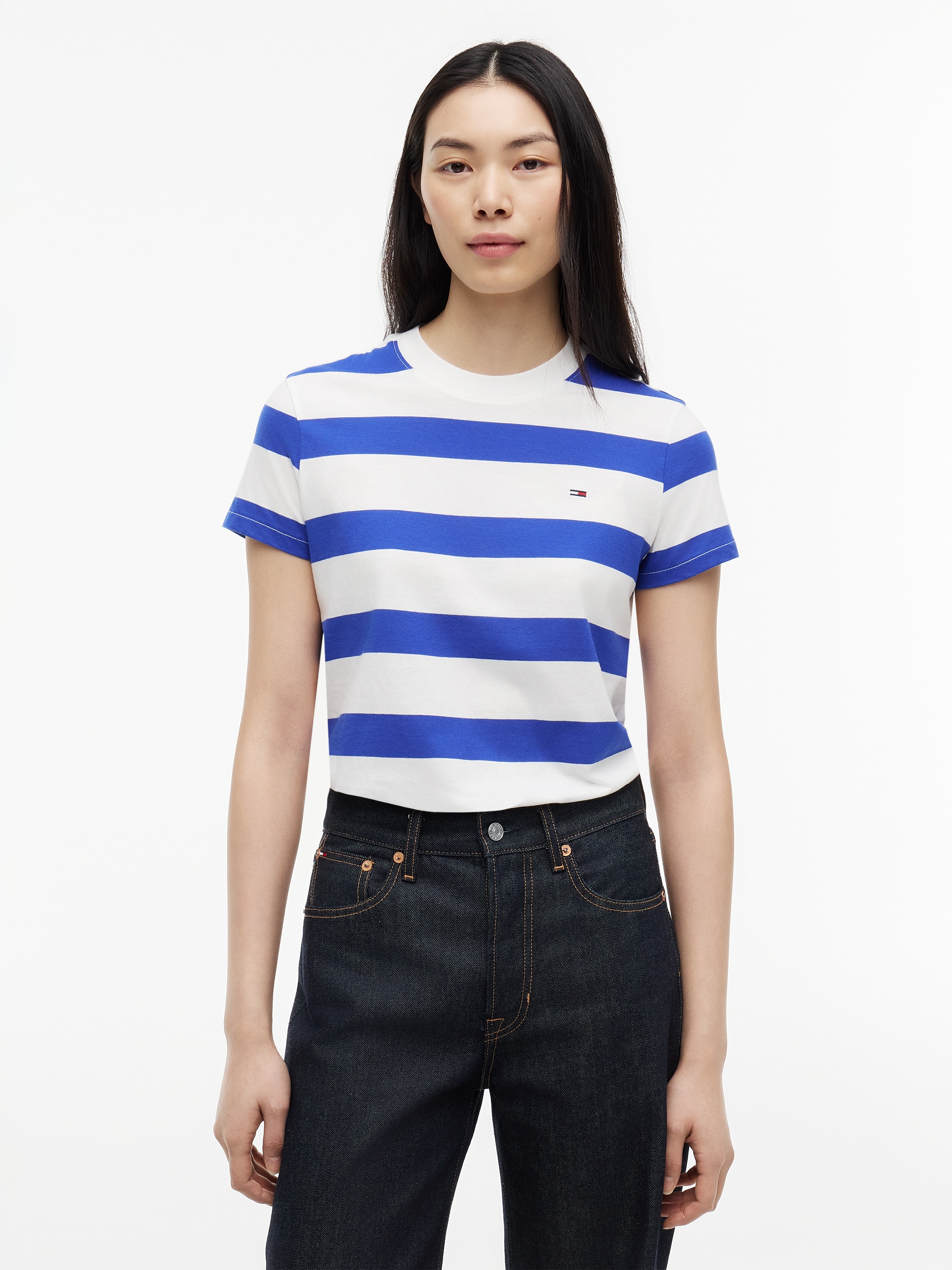 Image of Tommy Jeans Kurzarmshirt "TJW REG S FLAG JERSEY SS TEE EXT" Baumwolle, regular fit, Kurzarm, Blockstreifen