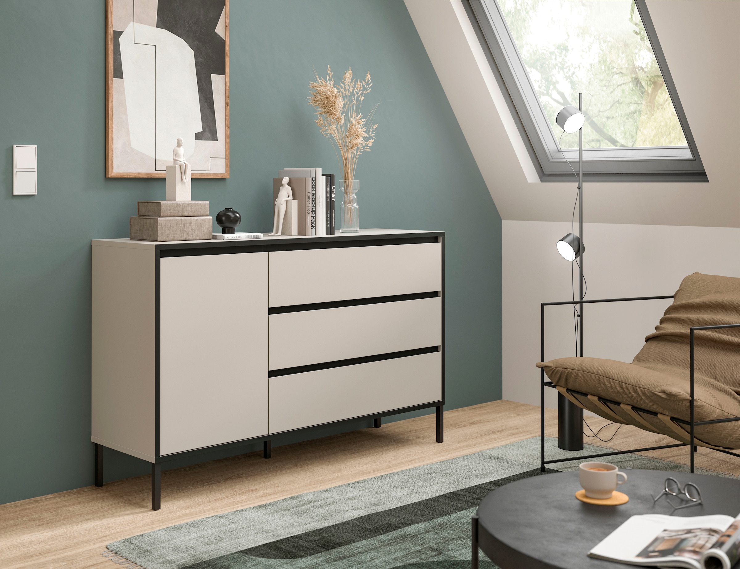 Home affaire Sideboard »NORT, Breite: 136cm, mit Metall Stabfuss, 1 Tür, 3 Schubkästen« Anrichte, Kommode, Schrank, Board, Higboard