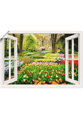 Wandbild »Fensterblick Tulpen Garten Frühling«, Fensterblick, (1 St.)