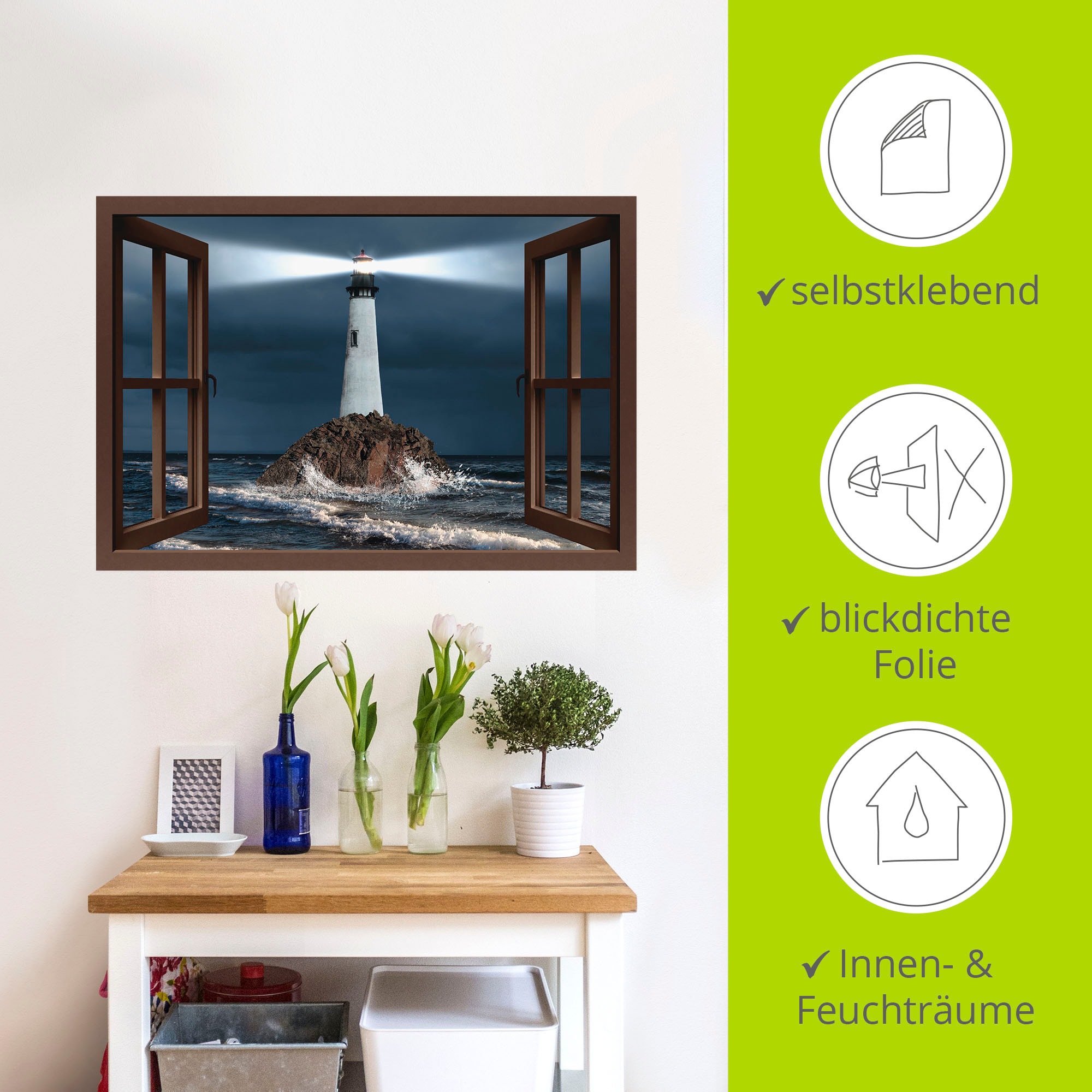 Artland Wandbild »Fensterblick Leuchtturm mit Lichtstrahl«, Gebäude, (1 St.), als Leinwandbild, Wandaufkleber in verschied. Grössen
