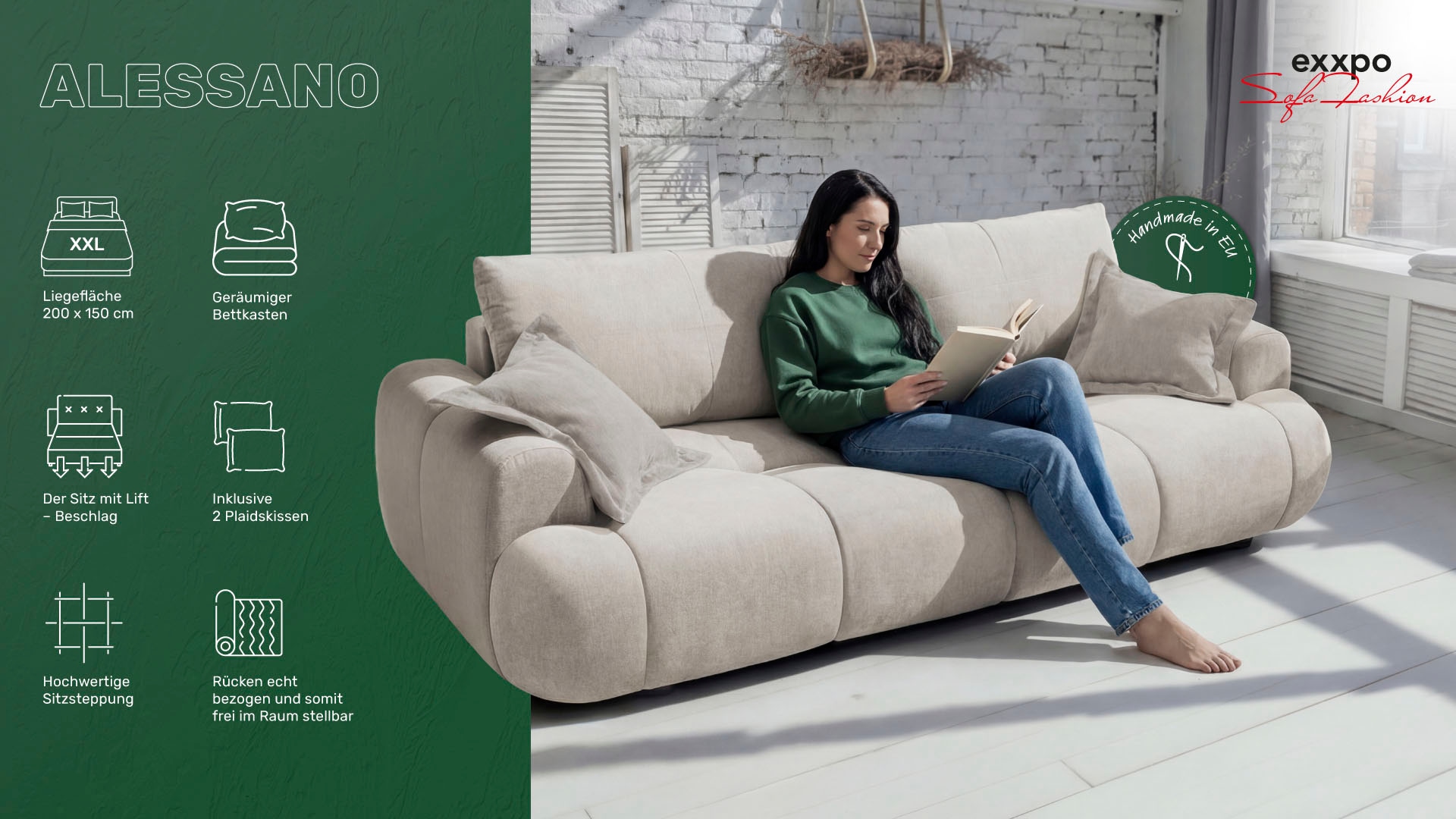 exxpo - sofa fashion 3-places »Alessano, 254 cm breit, modern & gemütlich« Qualité fiable, incl. fonction lit, coffre-lit, 2 coussins plaid