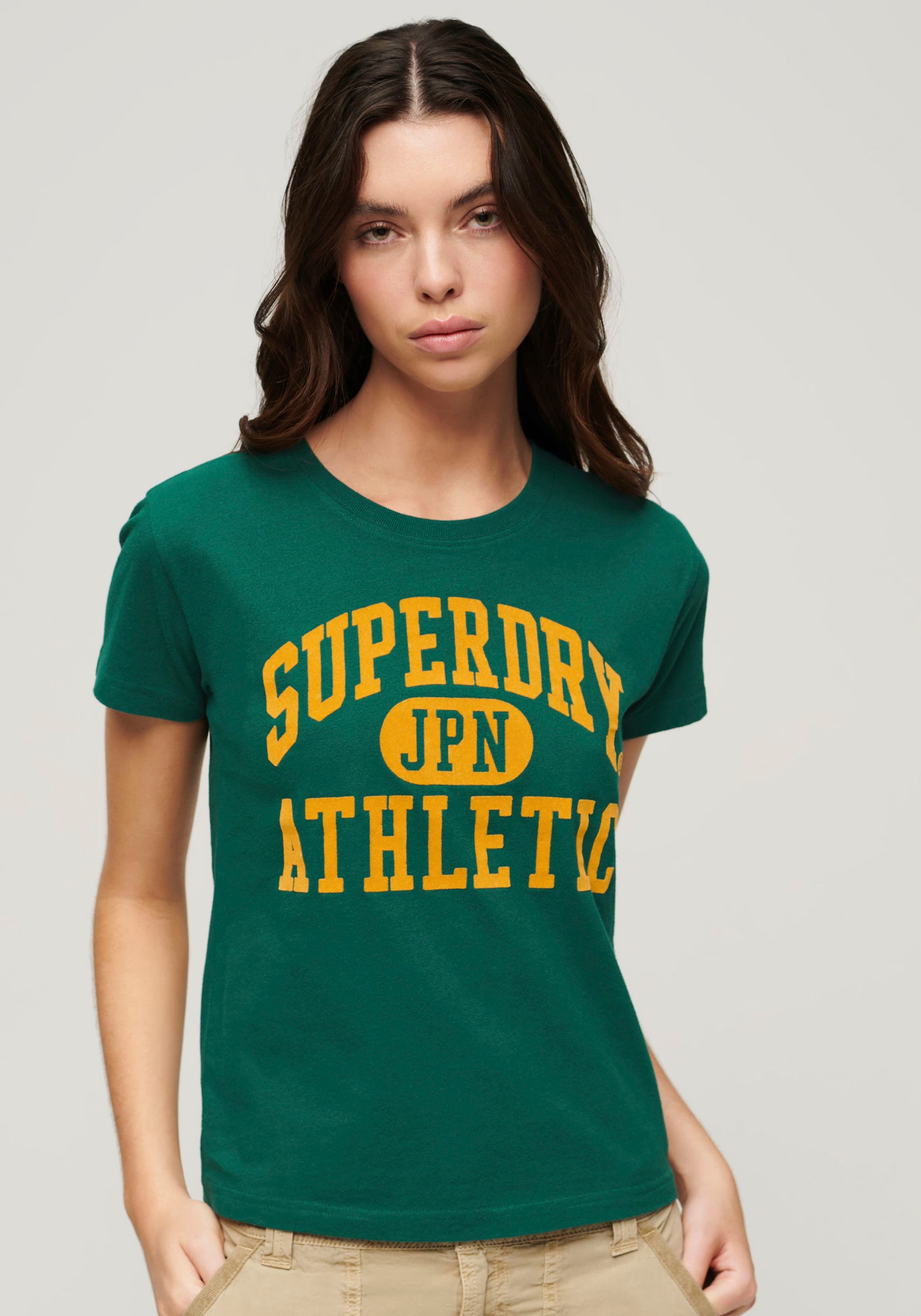 Superdry Print-Shirt »stylisches T-Shirt VARSITY FLOCKED FITTED TEE mit bedrucktem Design«, normale Passform aus pflegeleichter Baumwolle