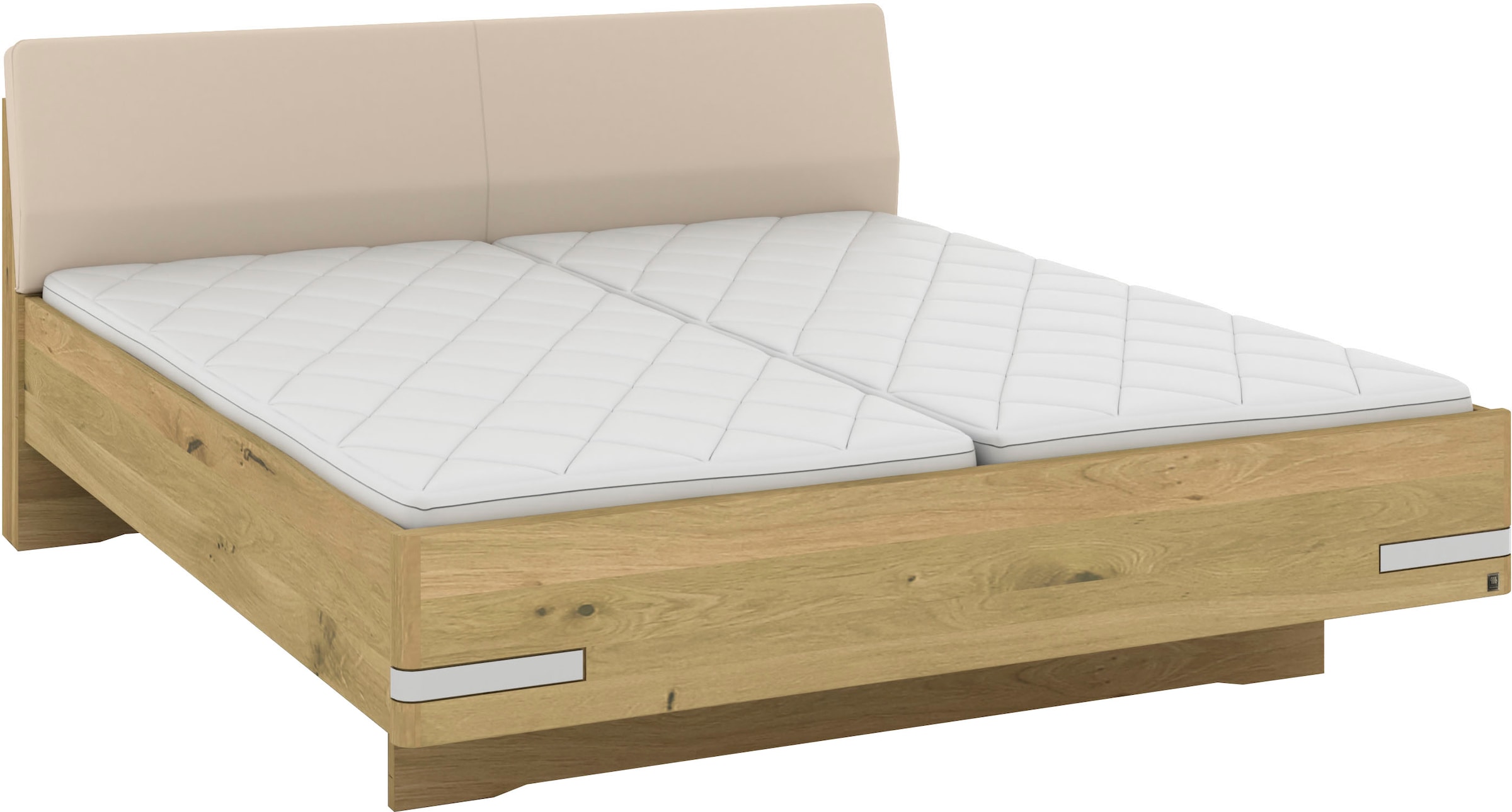 Musterring Lit en bois »Savona, Bettgestell, Bettrahmen, teilmassiv Bianco-Eiche« Capacité 220 kg, réglage 4 positions de hauteur de couchage, MADE IN GERMANY,  tête de lit en similicuir champagne, détails chromés, différentes tailles