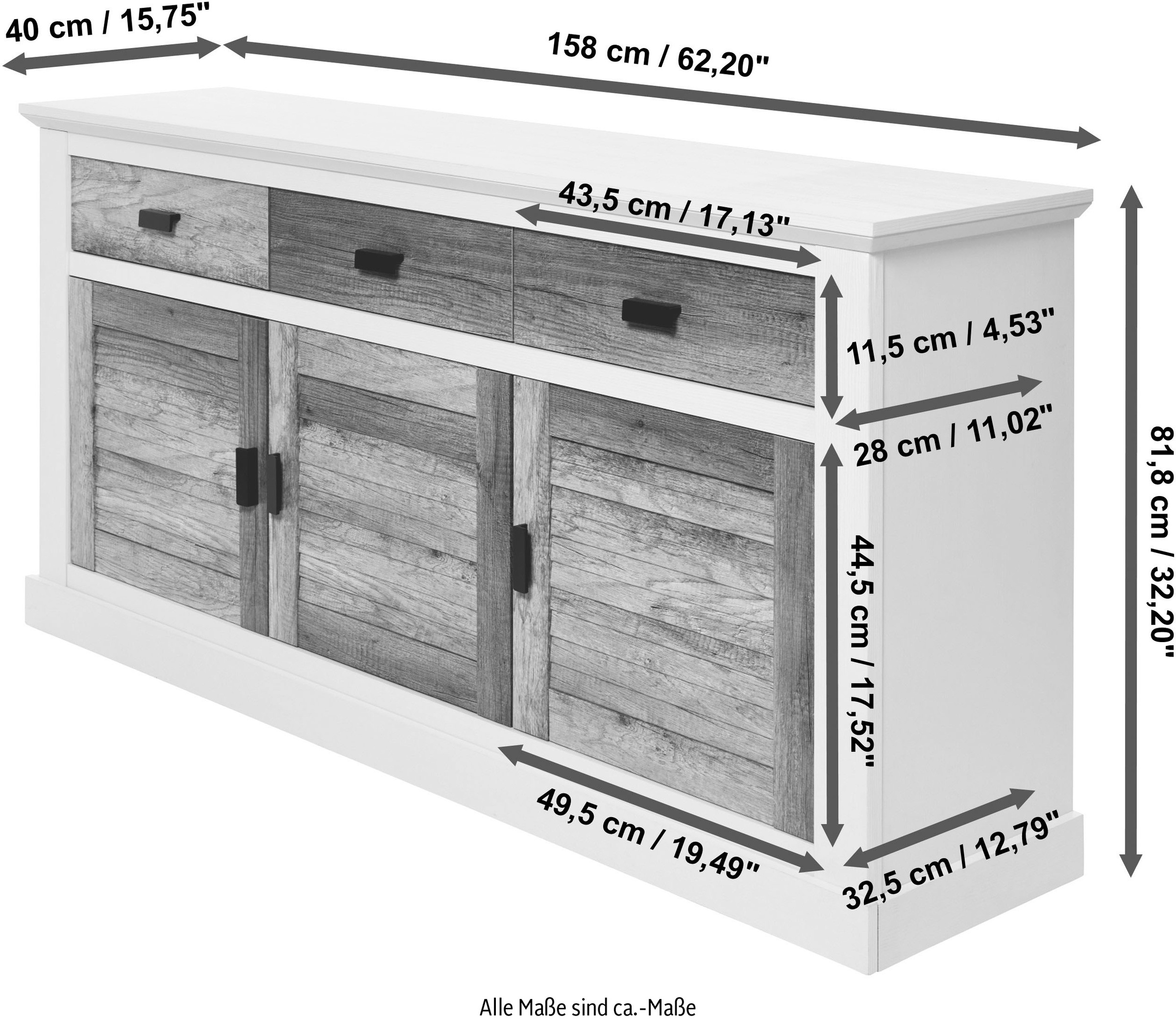 Jahnke Sideboard »HAMPTON SB 160« 1 Stk. tlg. Sideboard, Landhausstil, 3 Schubladen und 3 Türen, Breite ca. 160 cm