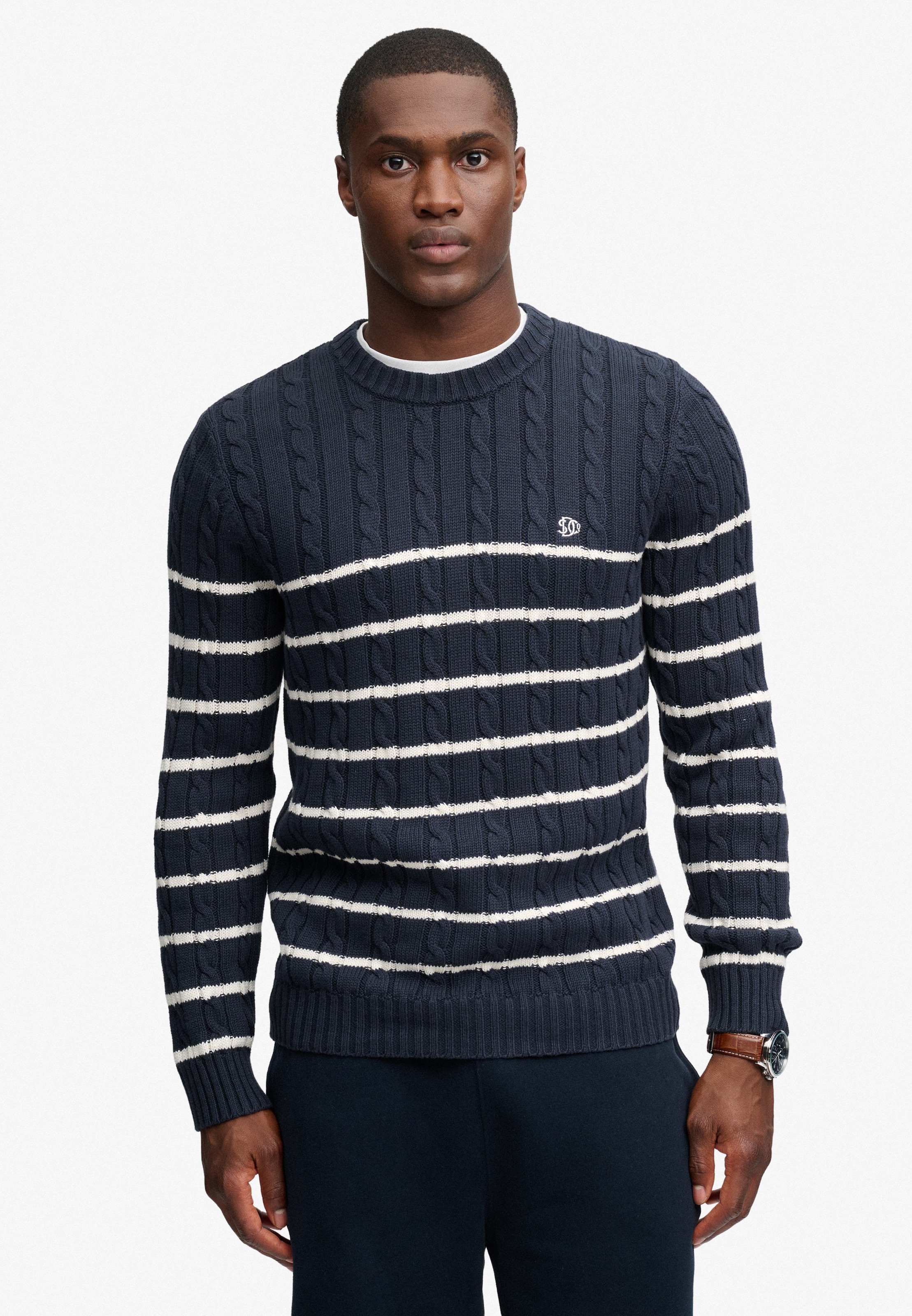 Image of Superdry Rundhalspullover "COTTON STRIPE CABLE JUMPER" Baumwolle, slim fit