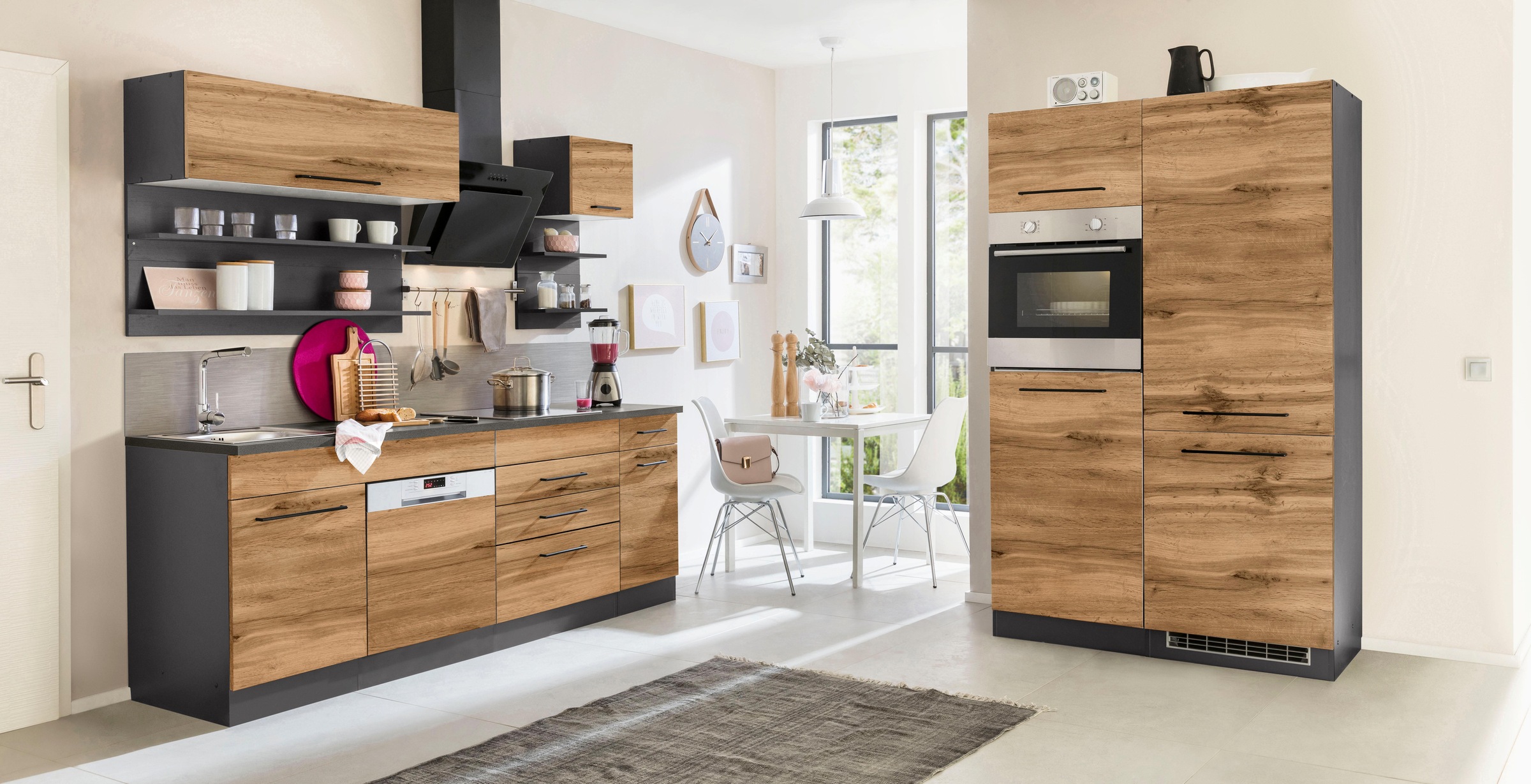 Image of KOCHSTATION "KS-Tulsa" ohne E-Geräte, Breite 330 cm, schwarze Metallgriffe, MDF Fronten