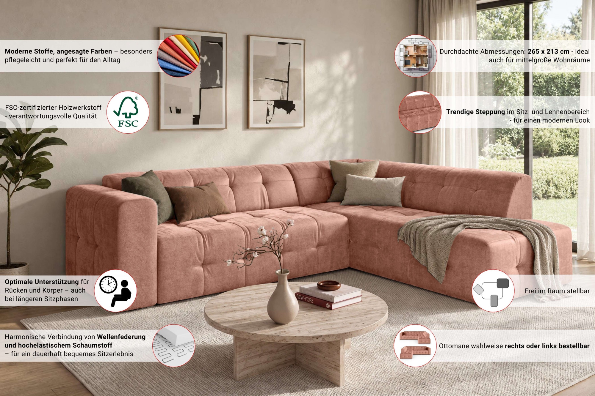 GOODproduct Canapé d'angle »TYZZA L-Form, Breite 265 cm, Verlässliche Qualität, Chenille« Ottomane links/rechts bestellbar, Bezug - Chenille oder Struktur