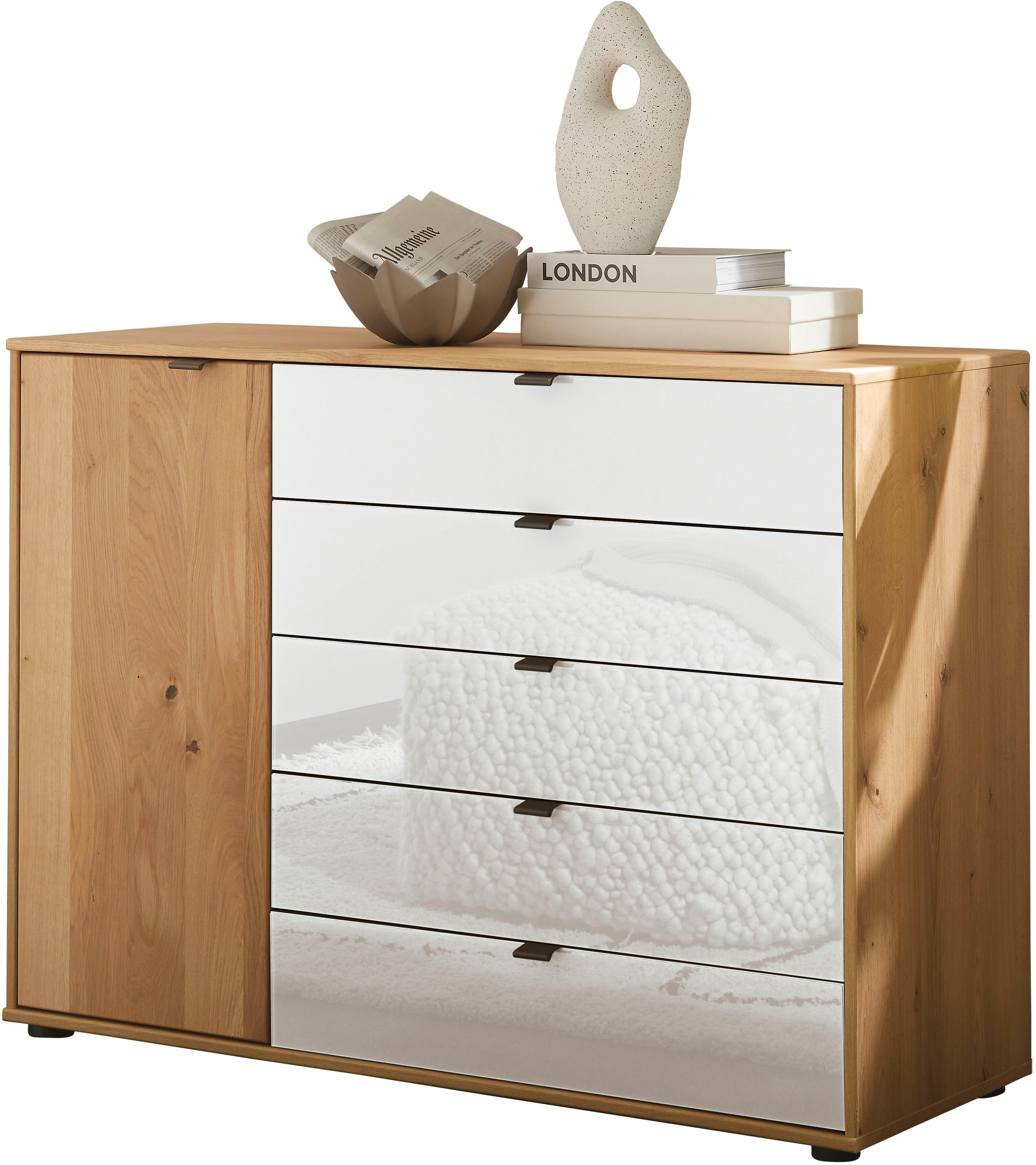 Image of WIEMANN Kombikommode "Cardiff Sideboard, Wäscheschrank, teilmassiv Bianco-Eiche, Schubladen" Kommode 120x86x43 cm, braun, mit Dämpfung, MADE IN GERMANY, verschiedenen Ausführungen, inklusive Einlegeboden
