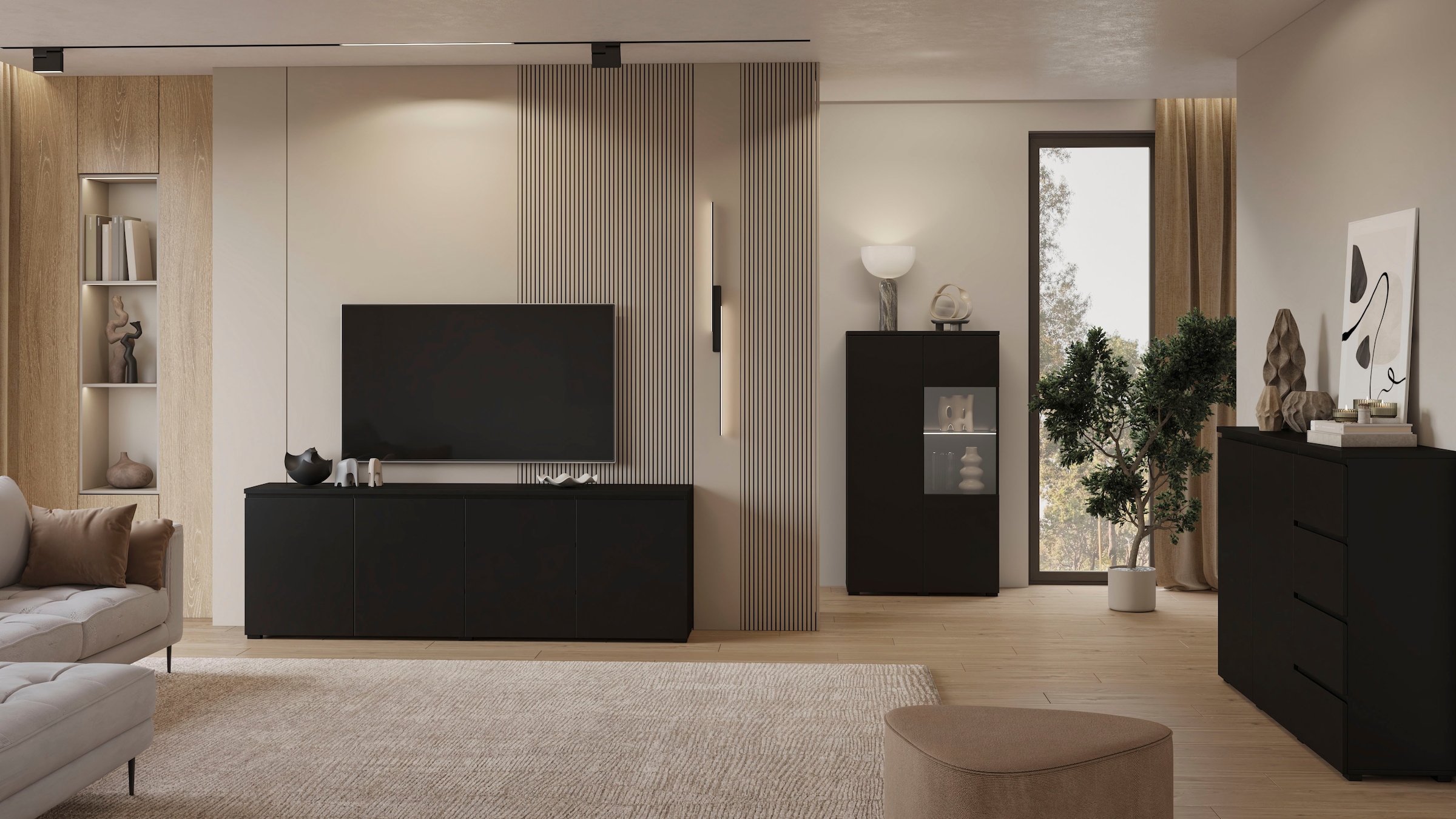 GOODproduct Highboard »Modo, Breite 150 cm, moderne grifflose Kommode 2Türen/4 SK« Schubladenkommode mit viel Stauraum, Einlegeböden verstellbar