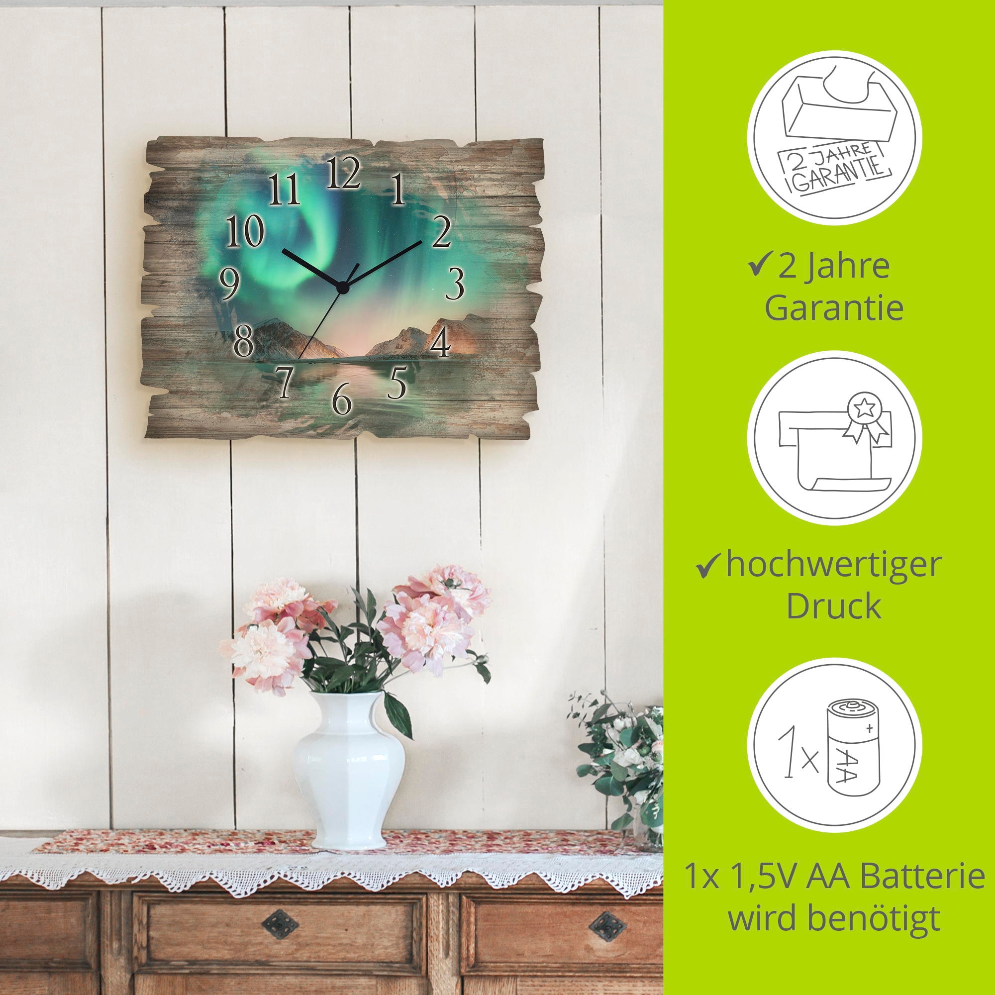 Artland Wanduhr »Auroraborialis - Nördliches Polarlicht« wahlweise mit  Quarz- oder Funkuhrwerk, lautlos ohne Tickgeräusche