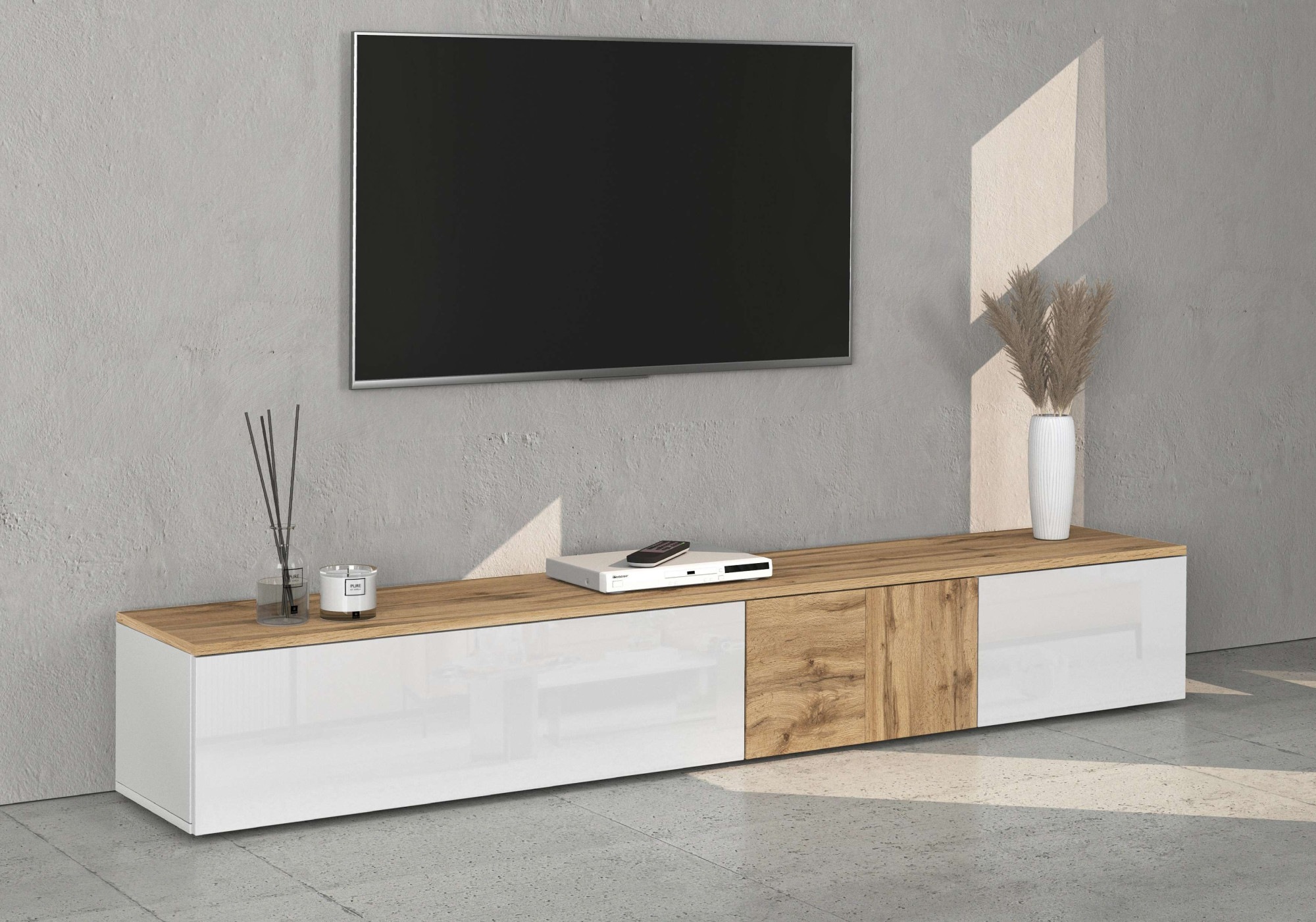 Image of GOODproduct Lowboard "ISEO, TV-Kommode,TV-Möbel,TV-Bank, 3 Fächer, Breite 200 cm" 1 Stk. tlg. stehend/hängend, 1 Klappe, 2 Türen Hochglanz lackiert, Made in Italy