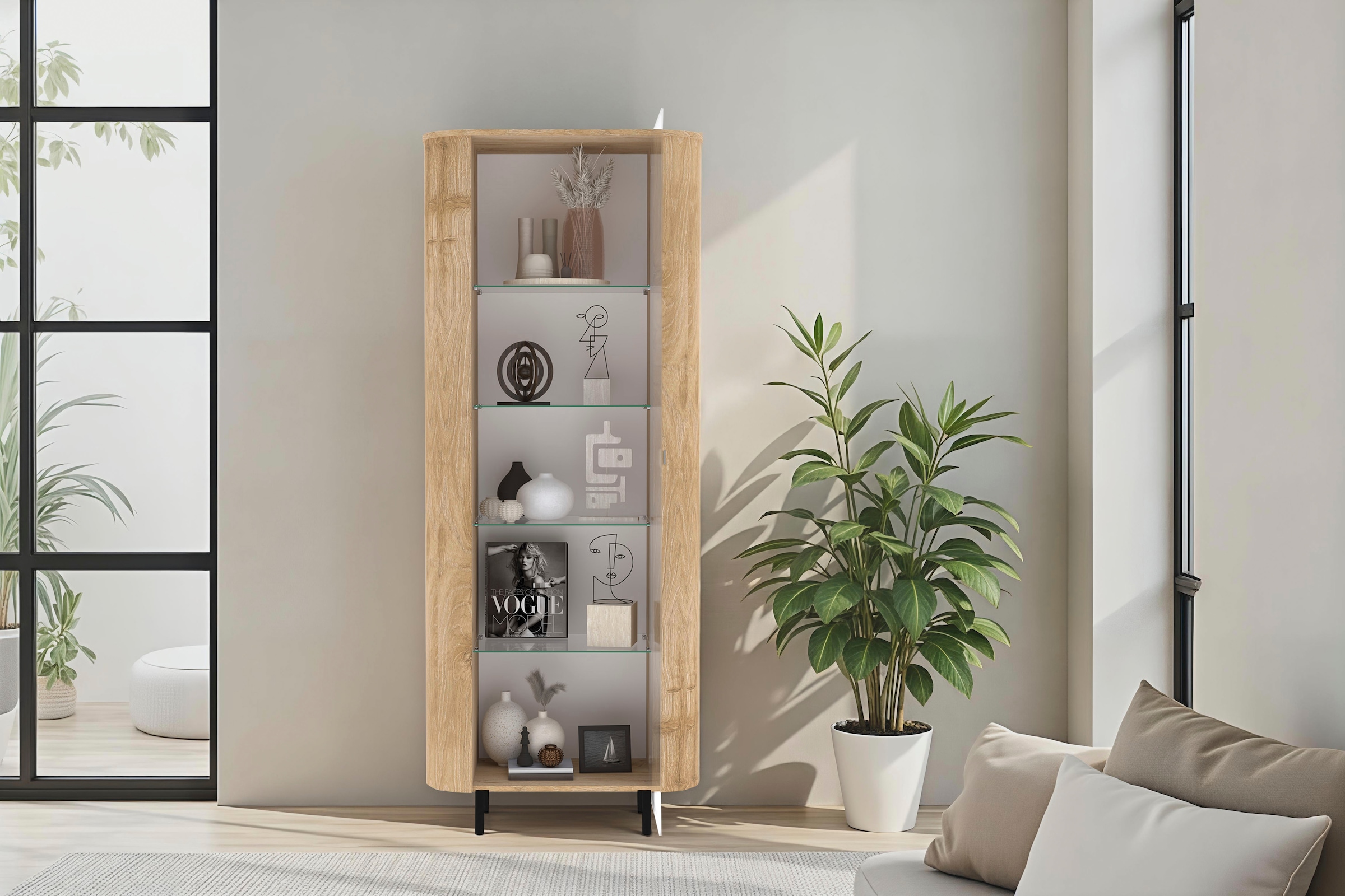 Home affaire Vitrine »Murano, Standvitrine H 200 cm, B 80 cm, 1 Tür, Vitrinenschrank« Formgebogenes MDF, Stirnseiten mit Rundung, Metallfüsse, stilvoll