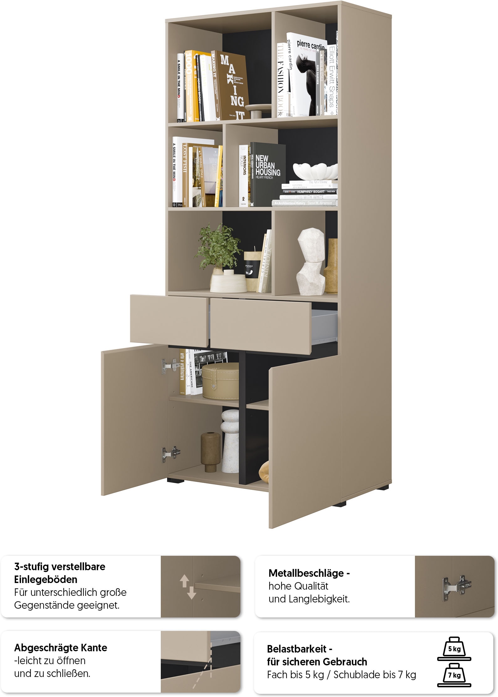 GOODproduct Aktenschrank »Cross, Breite 85 cm, modernem grifflose Standregal, Bücherregal« Standregal mit 6 offene Fächern, 2 Schubladen und 2 Türen, Büroregal