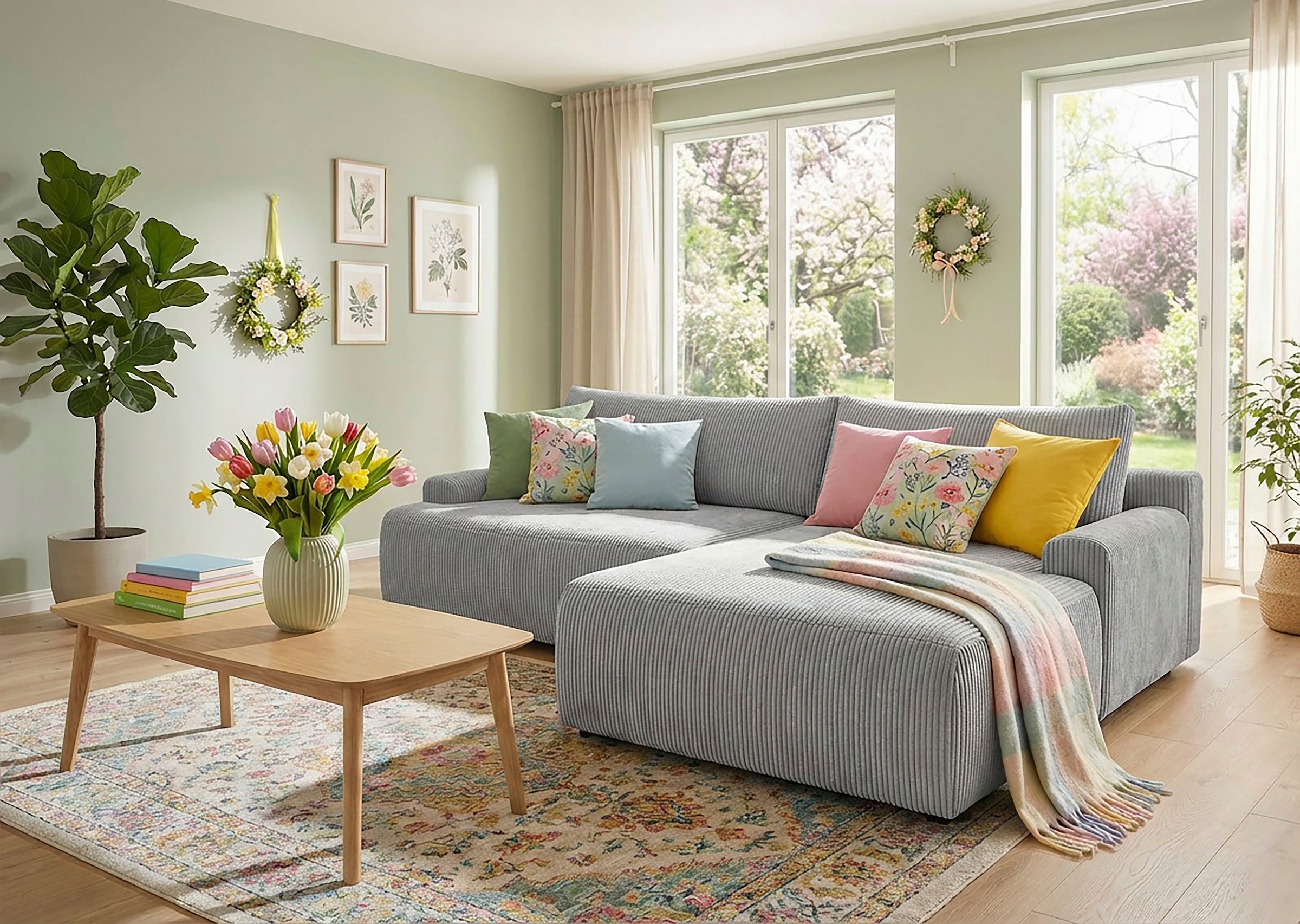 Image of TRENDMANUFAKTUR Ecksofa "Prag, Schlafsofa mit Bettkasten, Couch in L-Form, Breite 253 cm" in Cordstoff HYPER, betongrau, Recamiere rechts