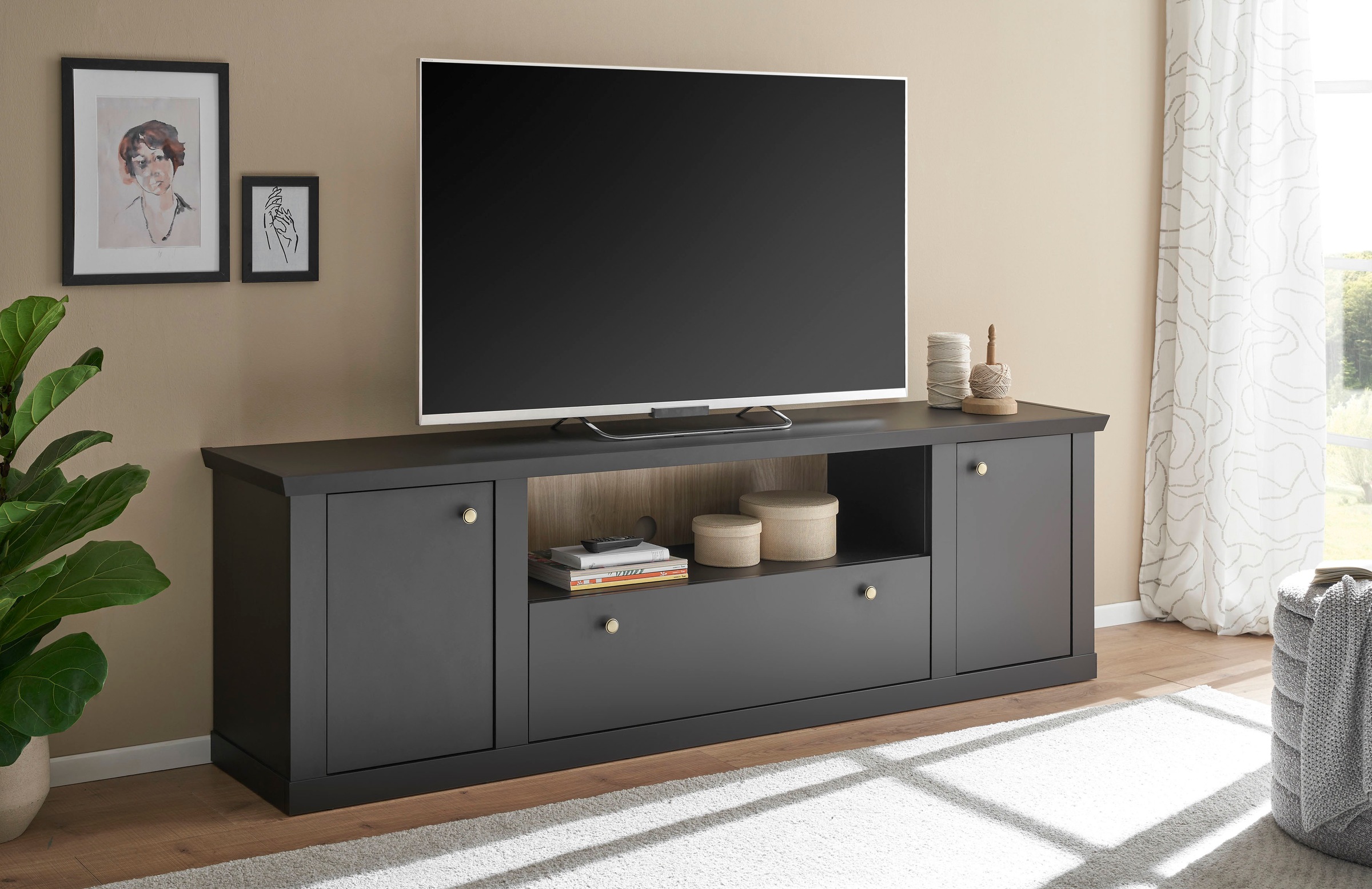 Image of Home affaire Lowboard "Lincoln, moderner TV-Schrank, schwarze Kommode, TV-Unterschrank" edles Design, messingfarbene Knopfgriffe, in 2 Grössen verfügbar
