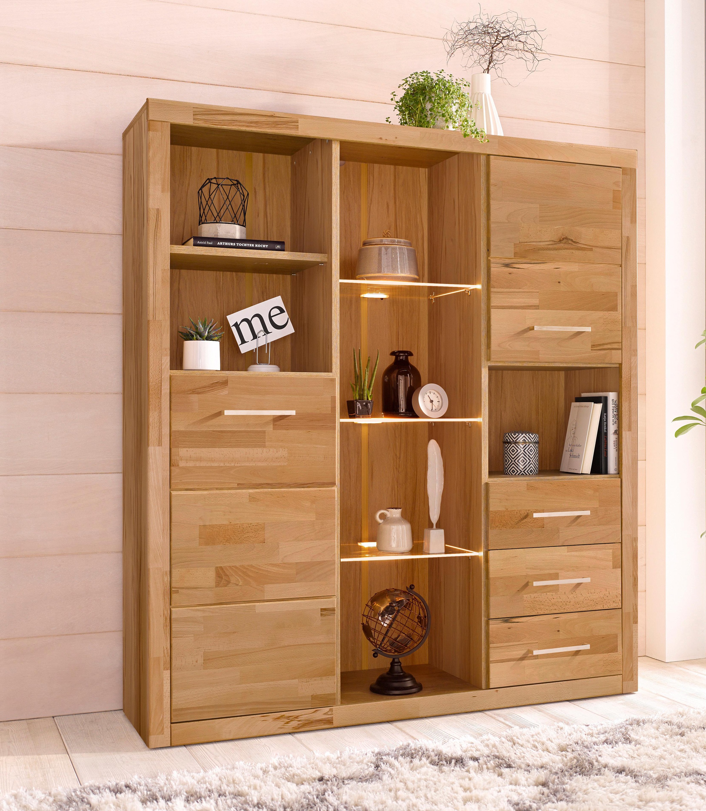 Image of GOODproduct Highboard "Ribe,130cm breit145cm hoch,Fronten Massivholz,12 Fächer" Korpus aus Holzwerkstoff, Metall Griffe,Böden versetzbar