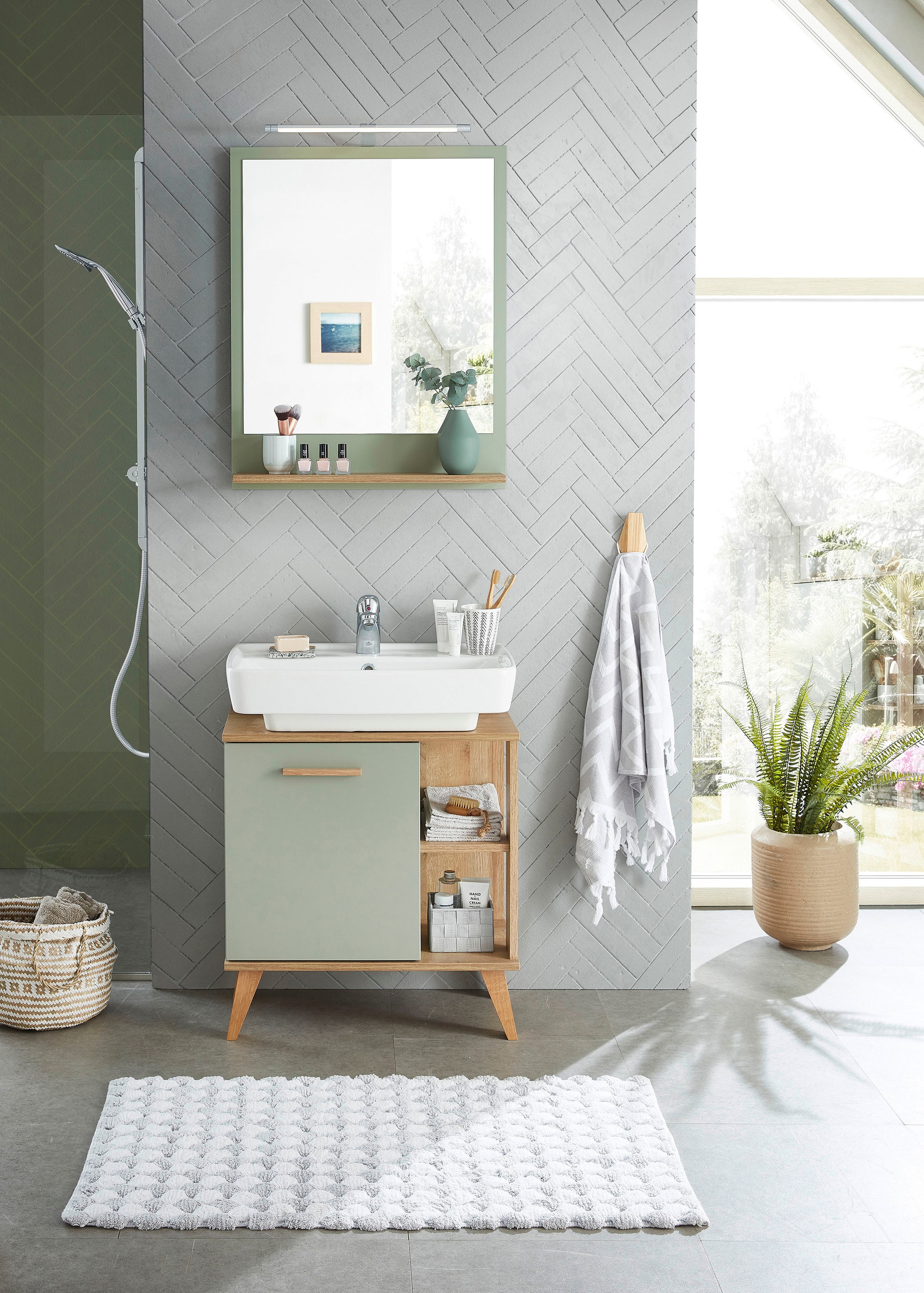 Saphir Miroir de salle de bain »Quickset 963 Spiegel mit Ablage, 60 cm breit, 74,5 cm hoch« Miroir mural imitation sauge, imitation chêne Riviera horizontal