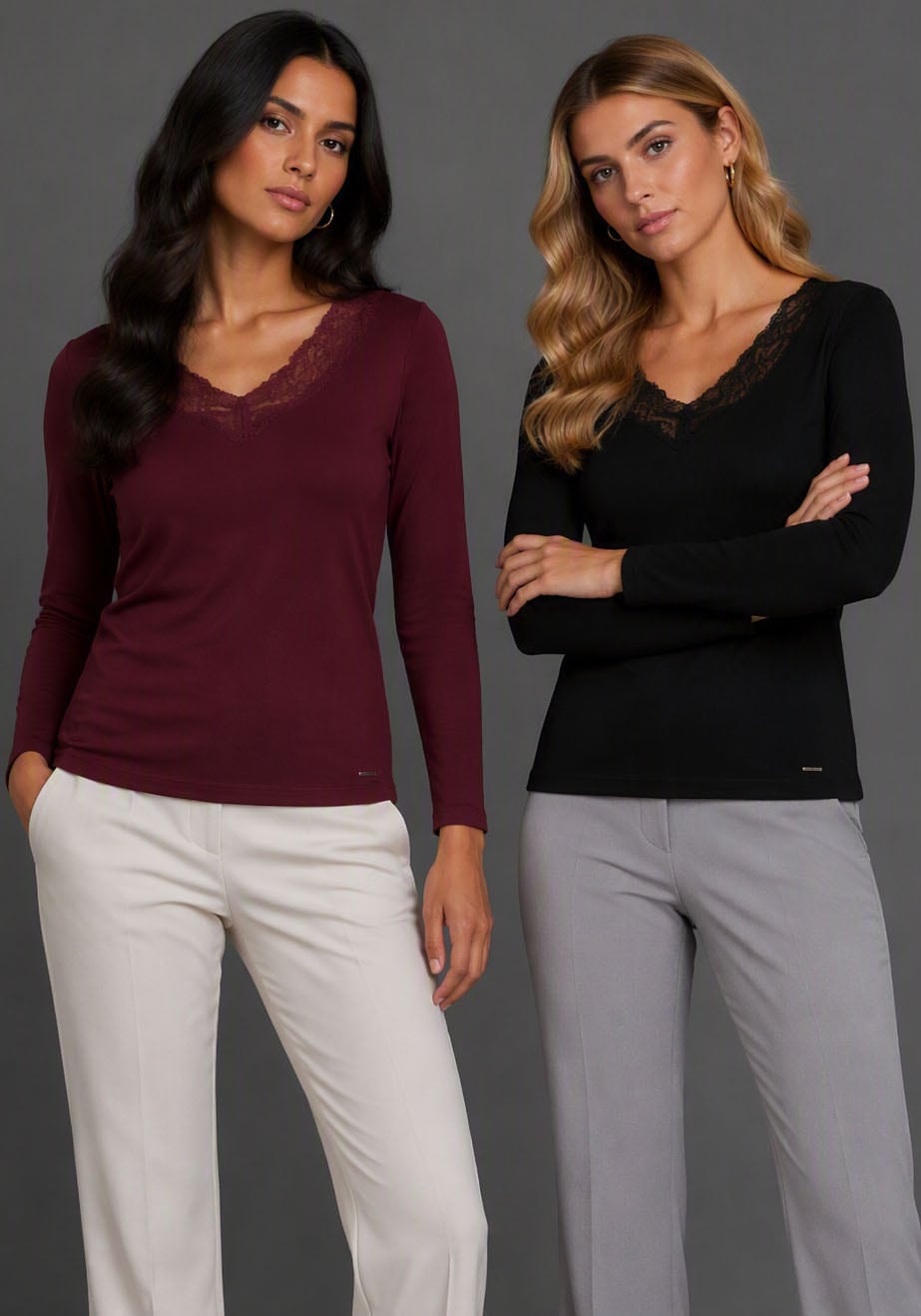 Image of Laura Scott Longsleeve 2er-Pack, mit toller Spitzenkante
