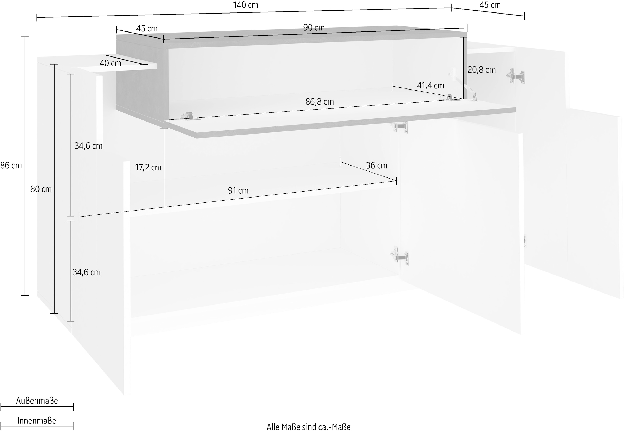 INOSIGN Kommode »Coro, Kommode, Schrank, Kredenz, grifflos« 1 Klappe,3 Türen, Doppeltiefe Hochglanz Fronten, Breite 140