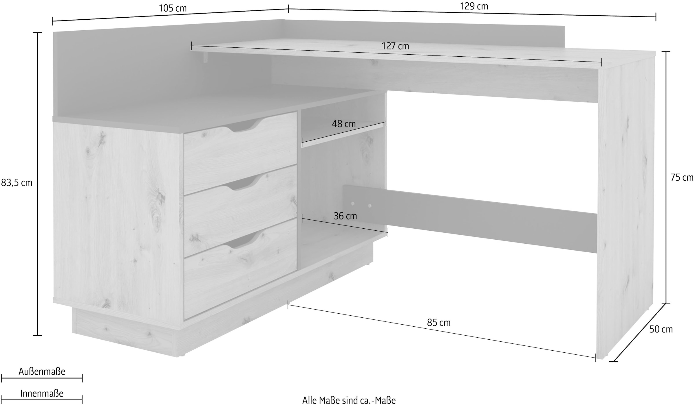 byLIVING Eckschreibtisch »Bern«, Breite 129 cm, rechts oder links montierbar