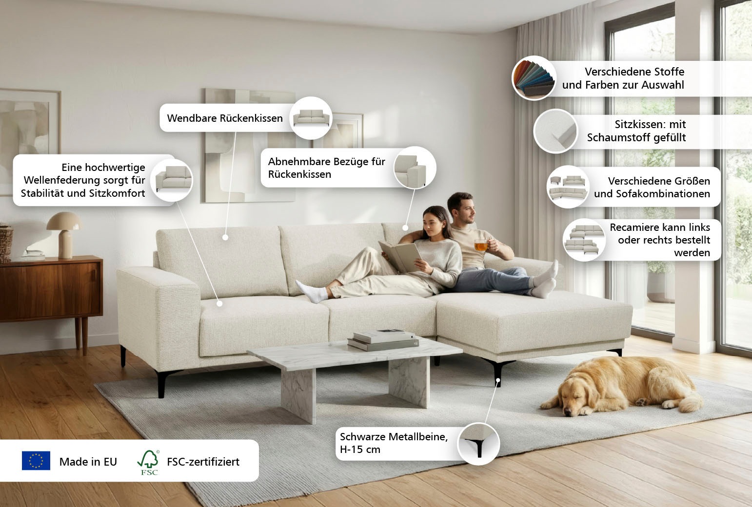 GOODproduct Canapé d'angle »Xander, L-Form« Breite 280 cm, Soft-Touch Chenille, schwarze Metallfüsse