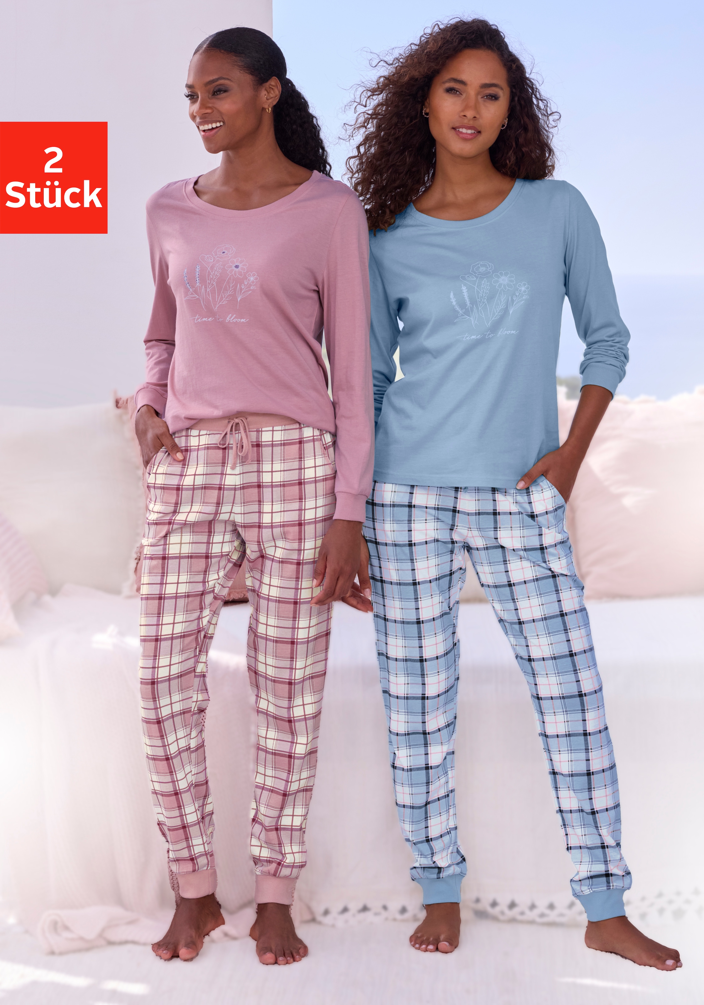 Vivance Dreams Pyjama Set, 2er Pack,  Elastische Rippbündchen