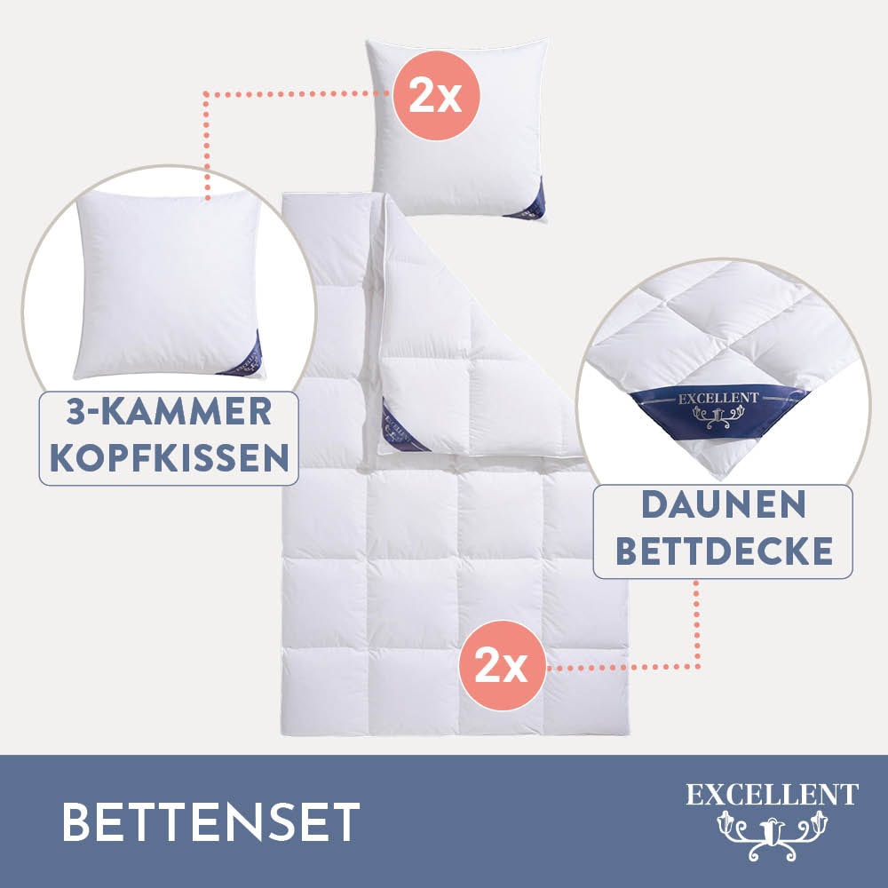 Excellent Daunenbettdecke + 3-Kammer-Kopfkissen »Venedig, 2-tlg, hergestellt in Deutschland, verschiedene Grössen«, (Spar-Set, 2-Tlg.), Decke mit Kissen,Set, Sommer, Winter, Bettdecke 135x200 cm, 155x220 cm