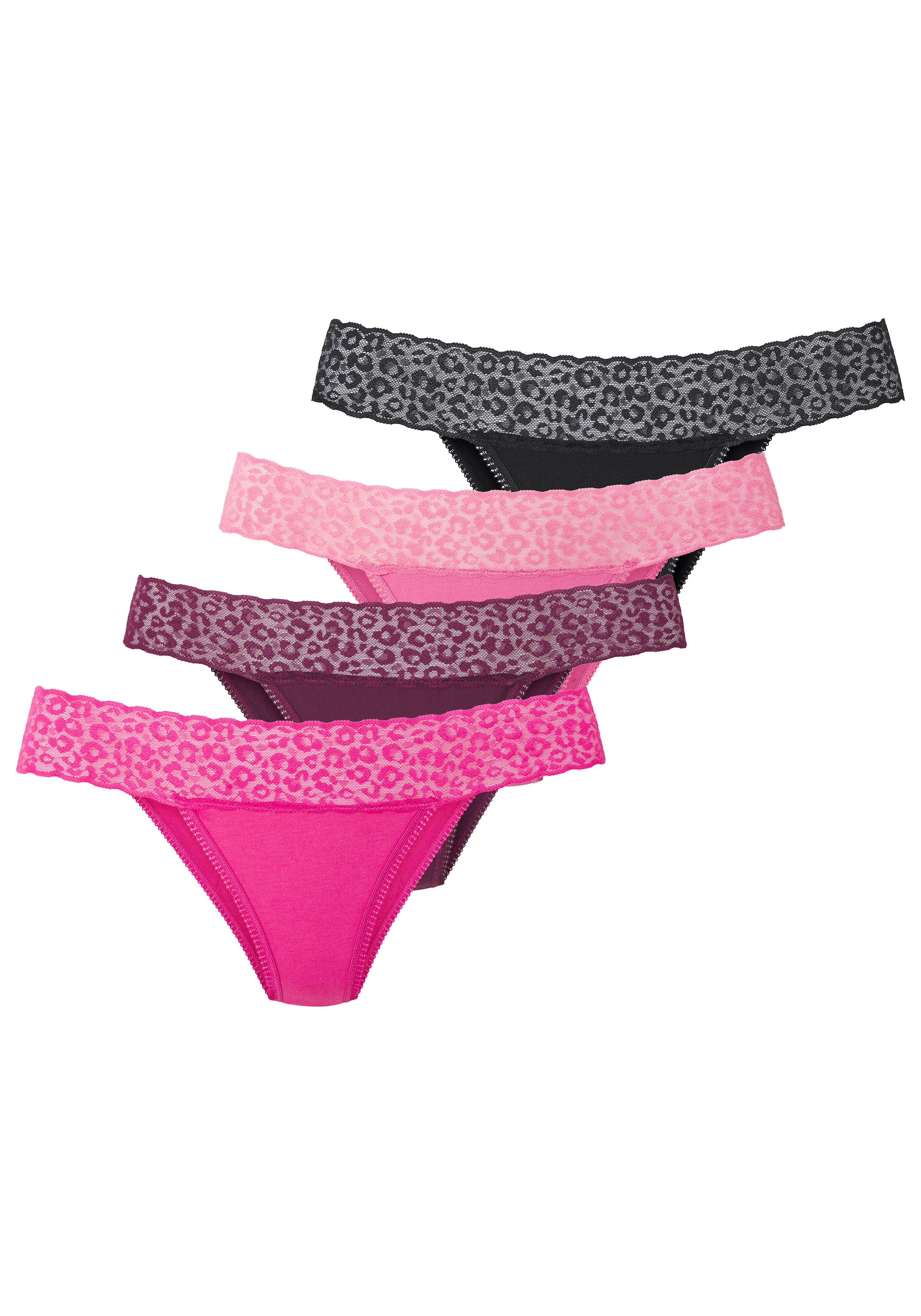 LASCANA Slip brésilien pack de 4,  en coton élastique avec dentelle léopard à la ceinture