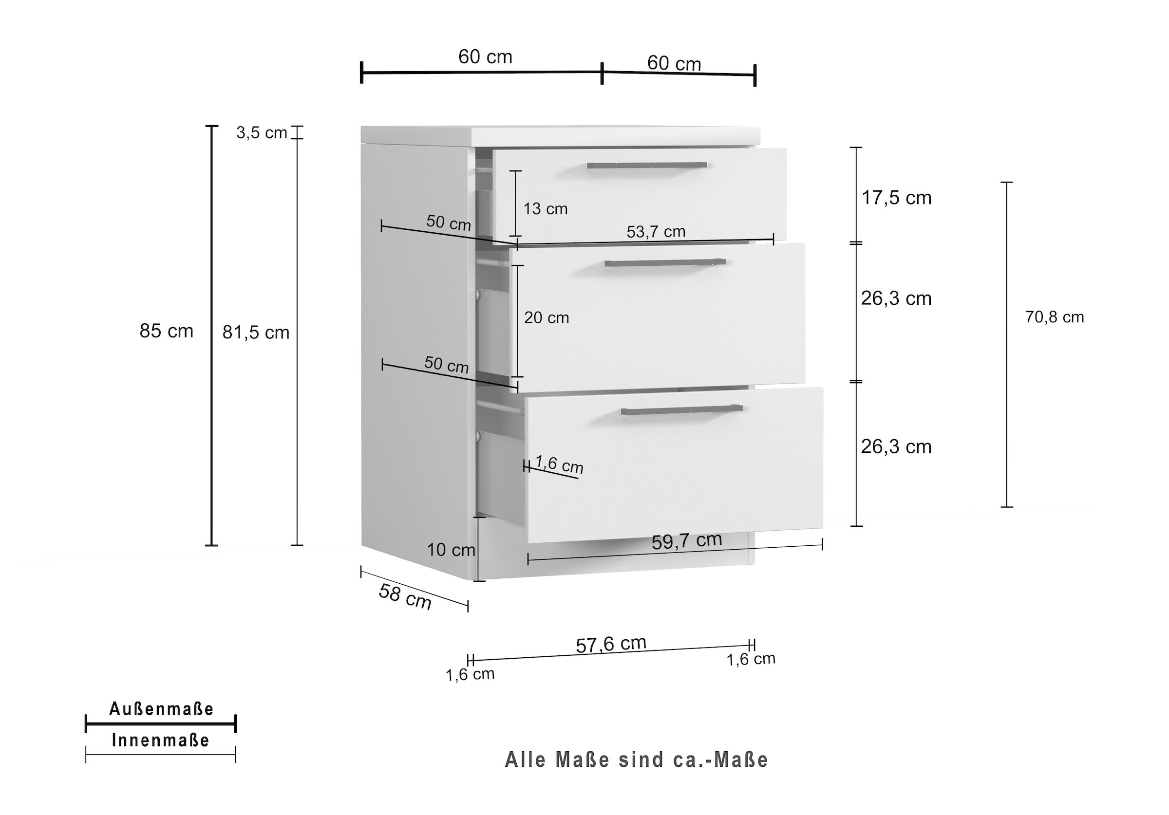KOCHSTATION Armoire basse »Luna, Küchenunterschrank, Unterschrank mit Schubladen, Made in Italy« B/T/H: 60 × 60 × 85 cm, mit 3 Schubkästen, 3,5 cm starke Oberplatte