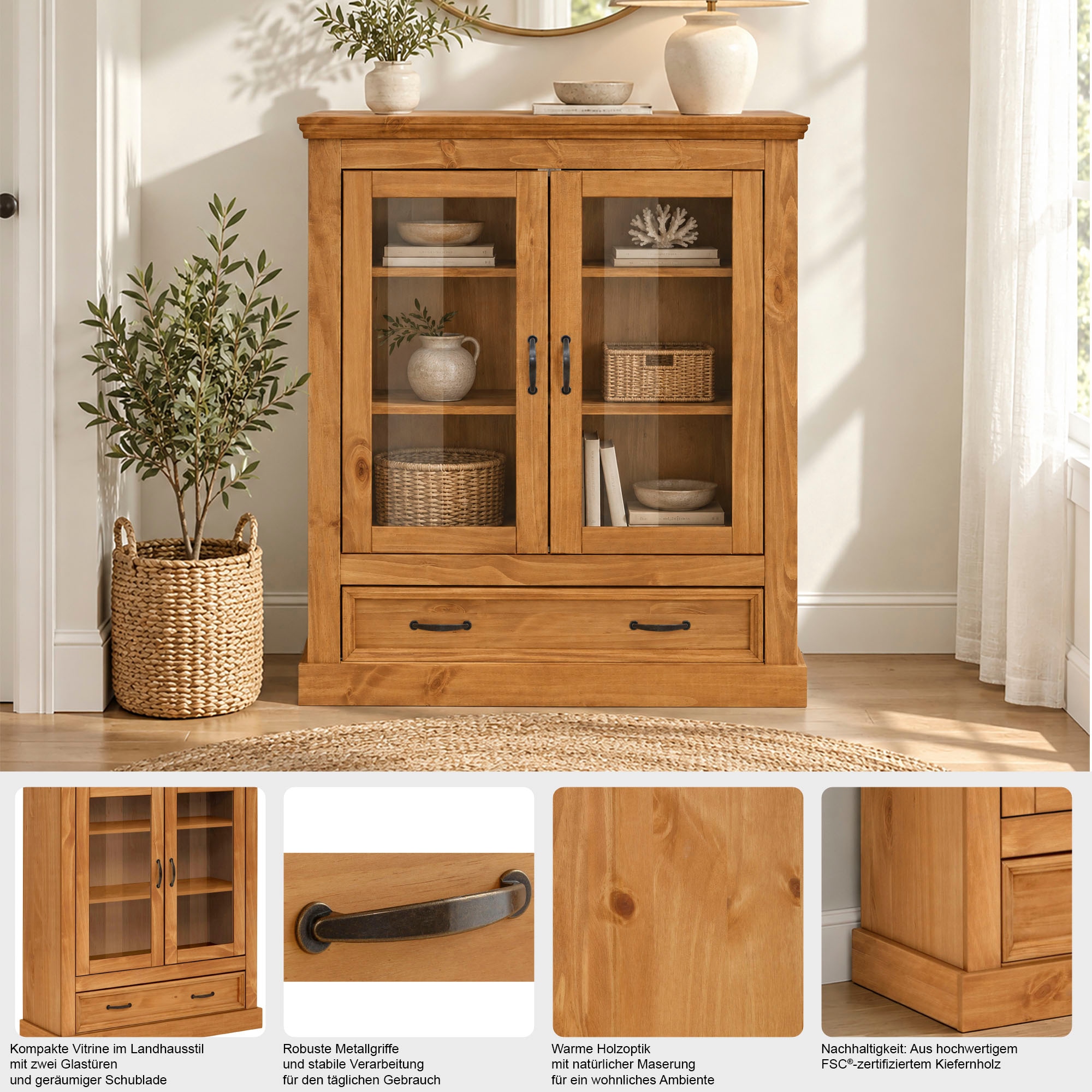 GOODproduct Vitrines »Selma Highboard« en pin massif, avec poignées en métal vieilli