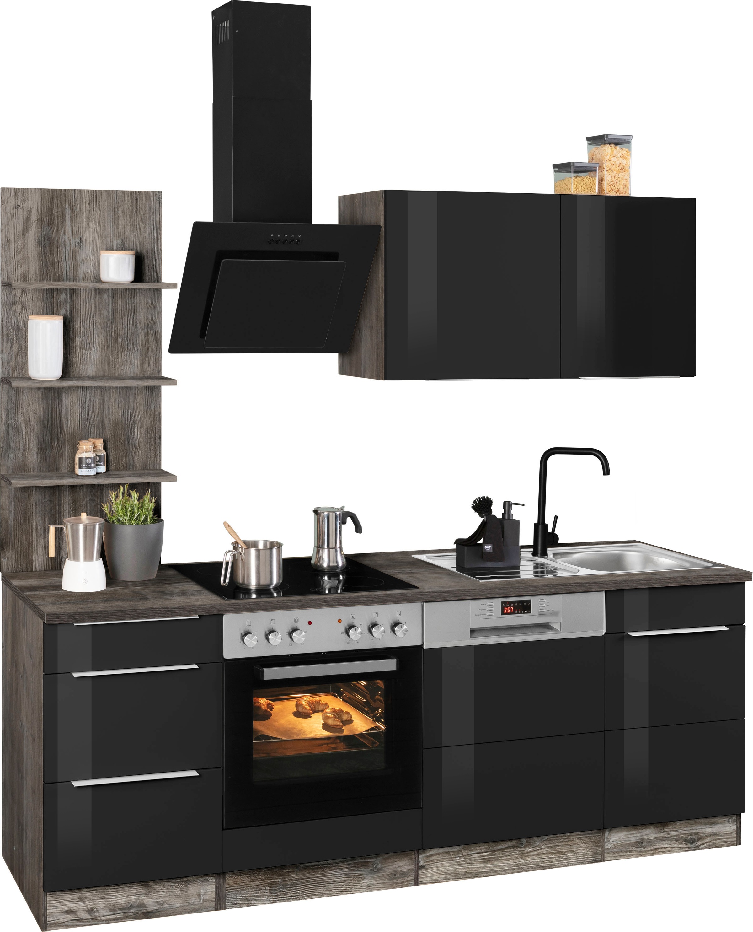 KOCHSTATION Küchenzeile "KS-Brindisi" Breite 220 cm, wahlweise mit E-Geräten, mit MDF-Fronten und Regal