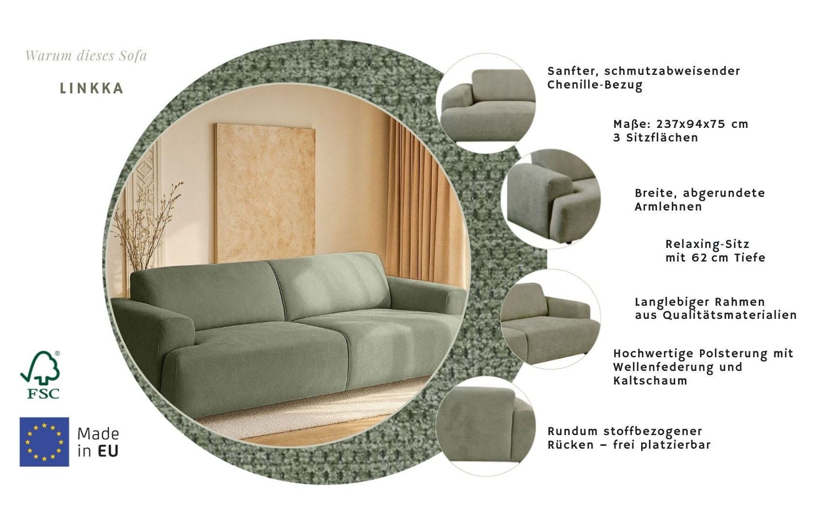 GOODproduct 3-places »Linkka, Breite 237 cm« en tissu chenille doux, avec suspension ondulée