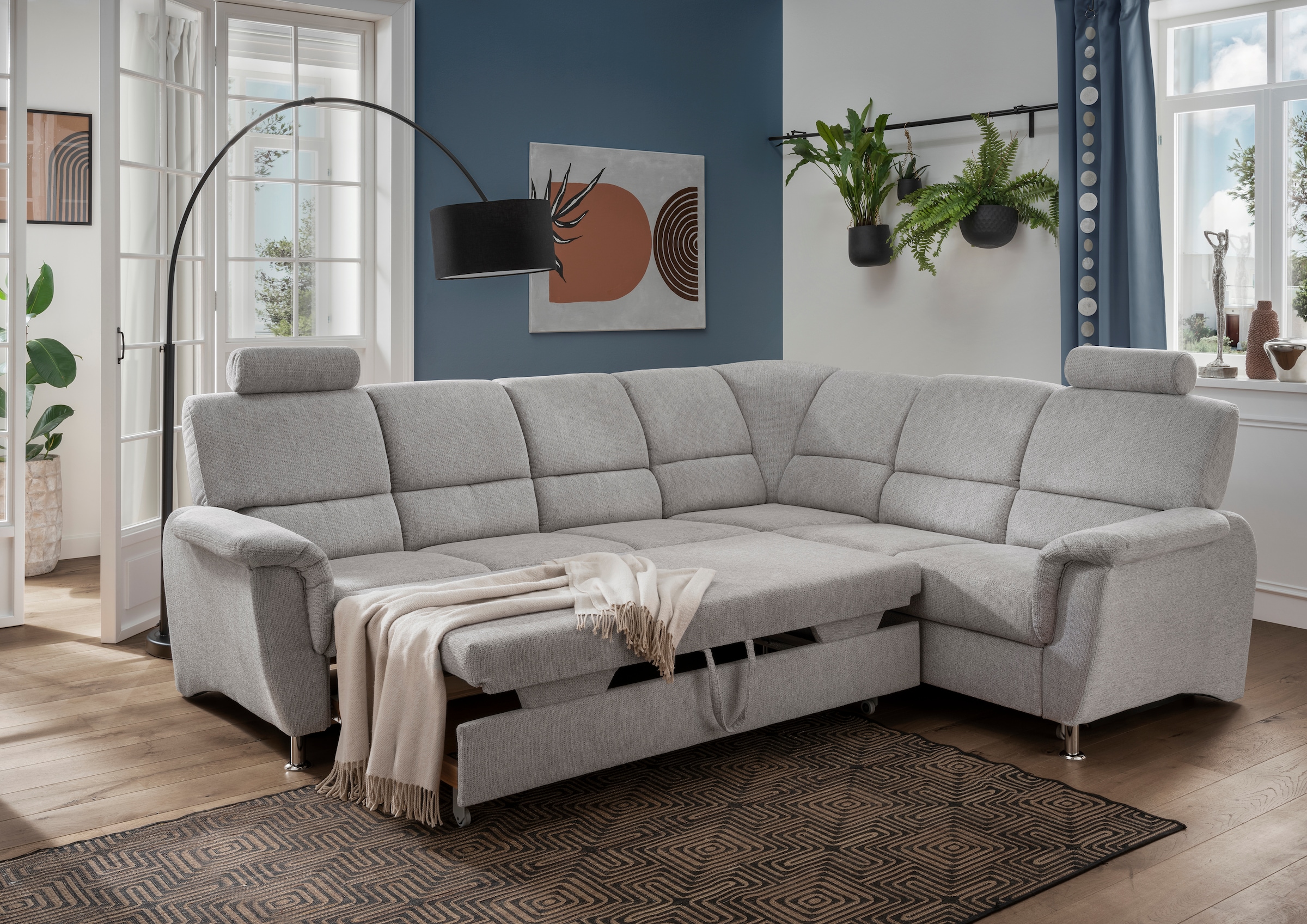Home affaire Ecksofa »Pisa L-Form, mit Schlaffunktion, Stauraum, 2x höhenverstellbare«, Kopfstützen und Relaxfunktion im Eckelement
