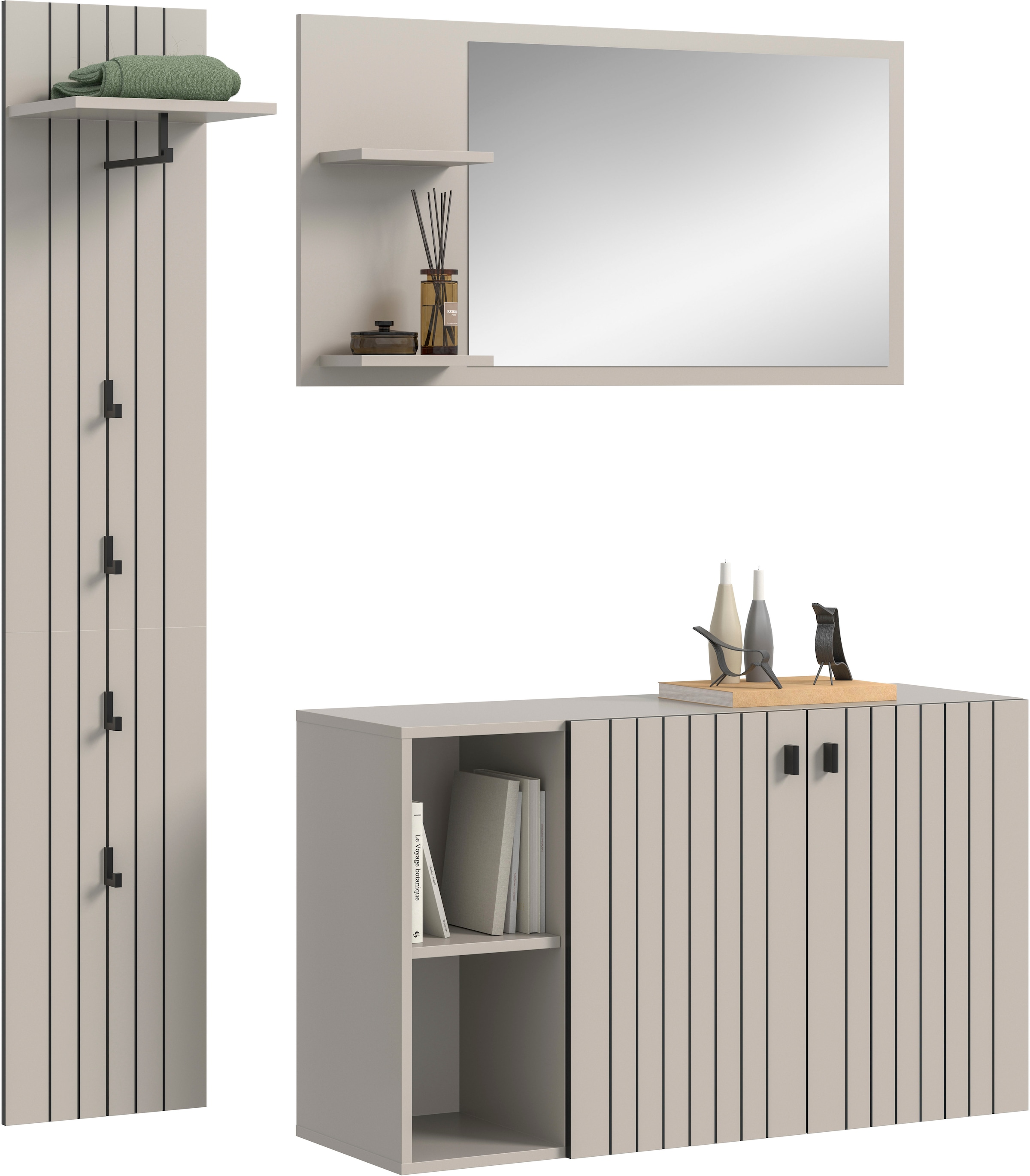 Home affaire Ensemble de vestiaires »TATIO, 3-tlg. Garderobenkombination, Breite: 152 cm Rillenfräsung« Set, Set, best. aus: 1 Spiegel, 1 Garderobenpaneel, 1 Schuhkommode, 3 cuis tlg.