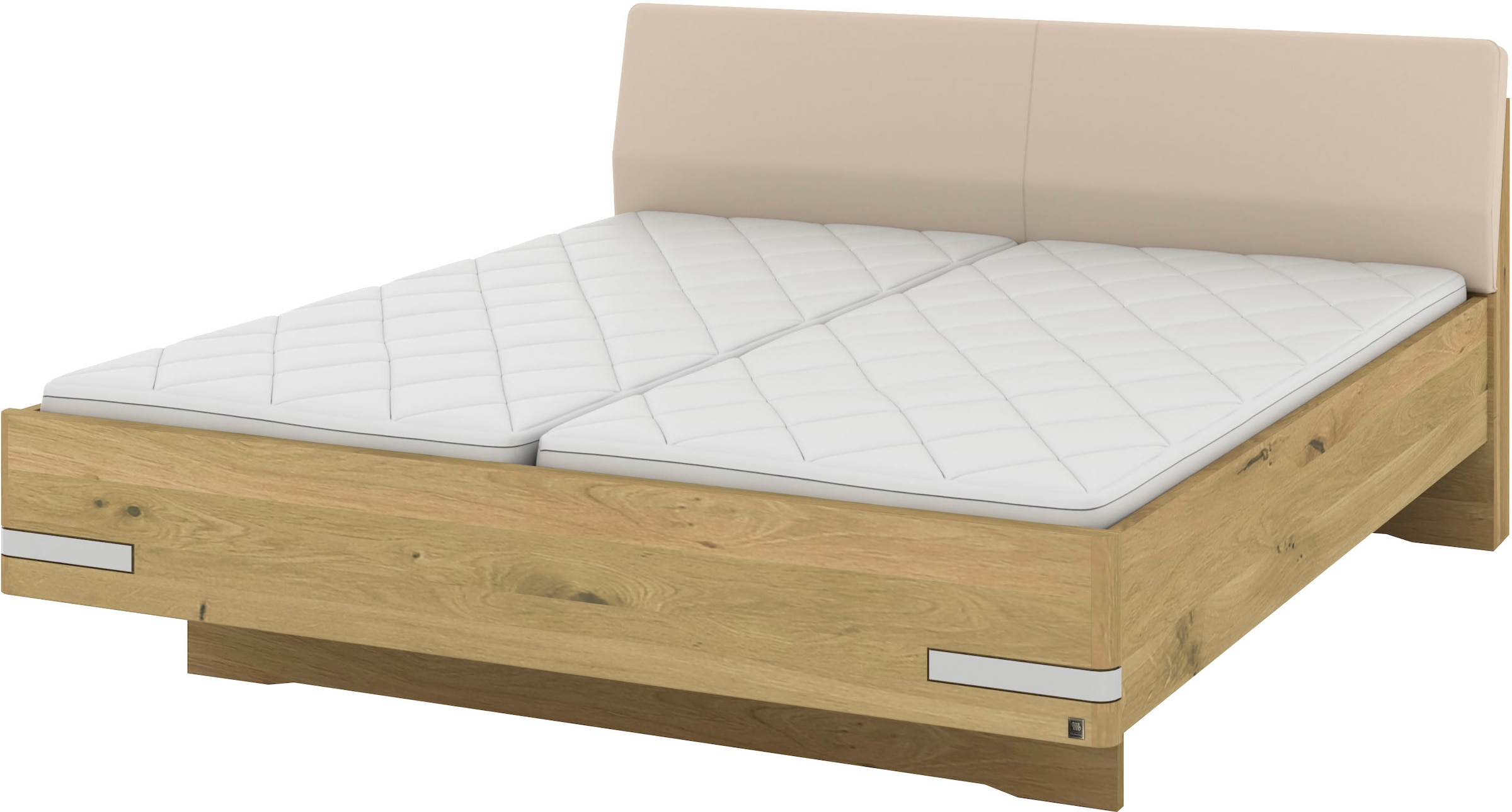 Musterring Lit en bois »Savona, Bettgestell, Bettrahmen, teilmassiv Bianco-Eiche« Capacité 220 kg, réglage 4 positions de hauteur de couchage, MADE IN GERMANY,  tête de lit en similicuir champagne, détails chromés, différentes tailles