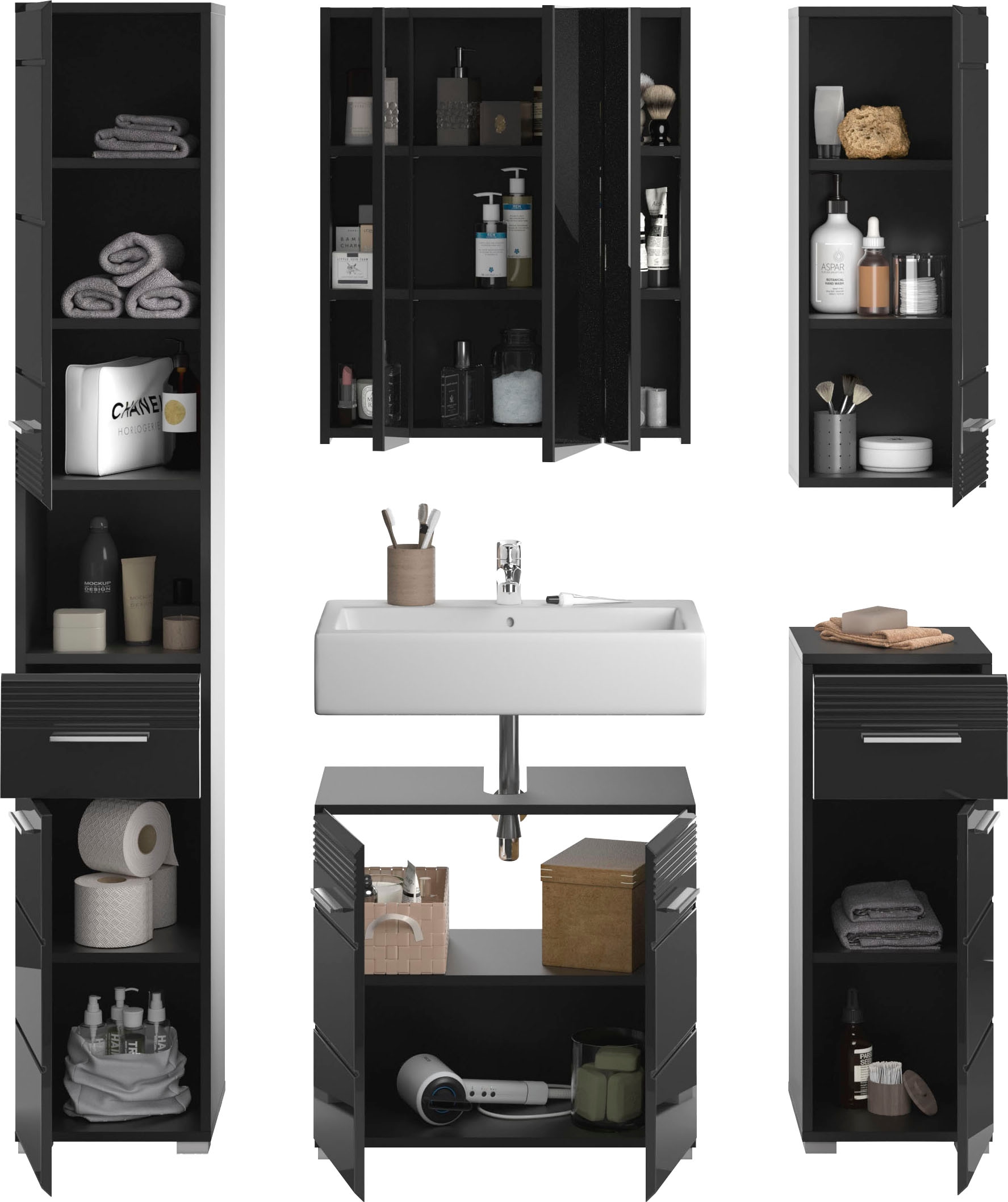 Home affaire Badmöbel-Set »Malmö, 5 teilig, inklusive LED Beleuchtung, bestehend aus:« 5 Stk. tlg.