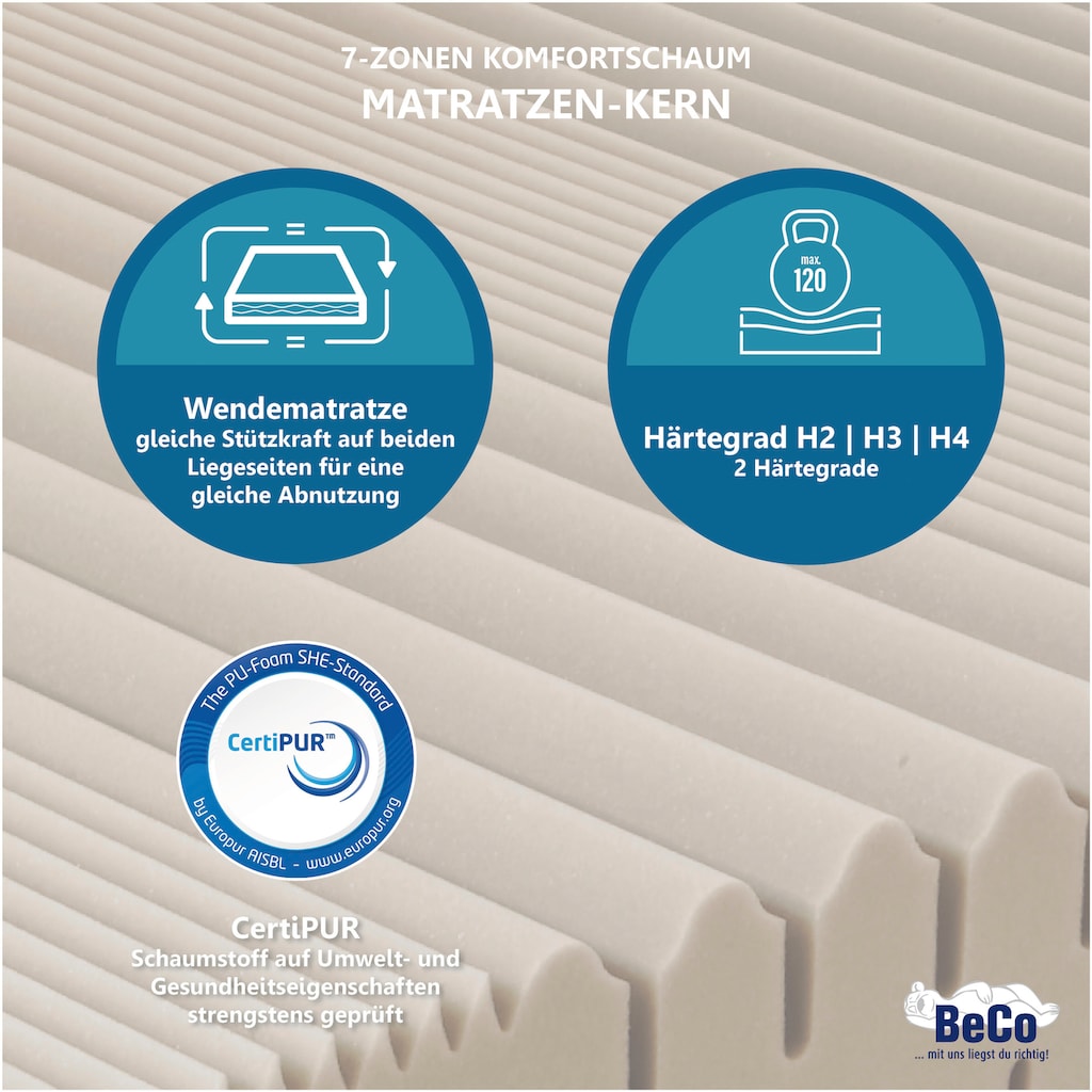 Beco Komfortschaummatratze »Matratze Active Greenfirst - besonders hygienischer Matratzenbezug «, 18 cm hoch, Raumgewicht: 28 kg/m³, (1 St.), vom Verbraucher-Magazin Haus & Garten getestet mit "SEHR GUT" Note 1,4*  - getestet in Gr. 90x200 cm H2.