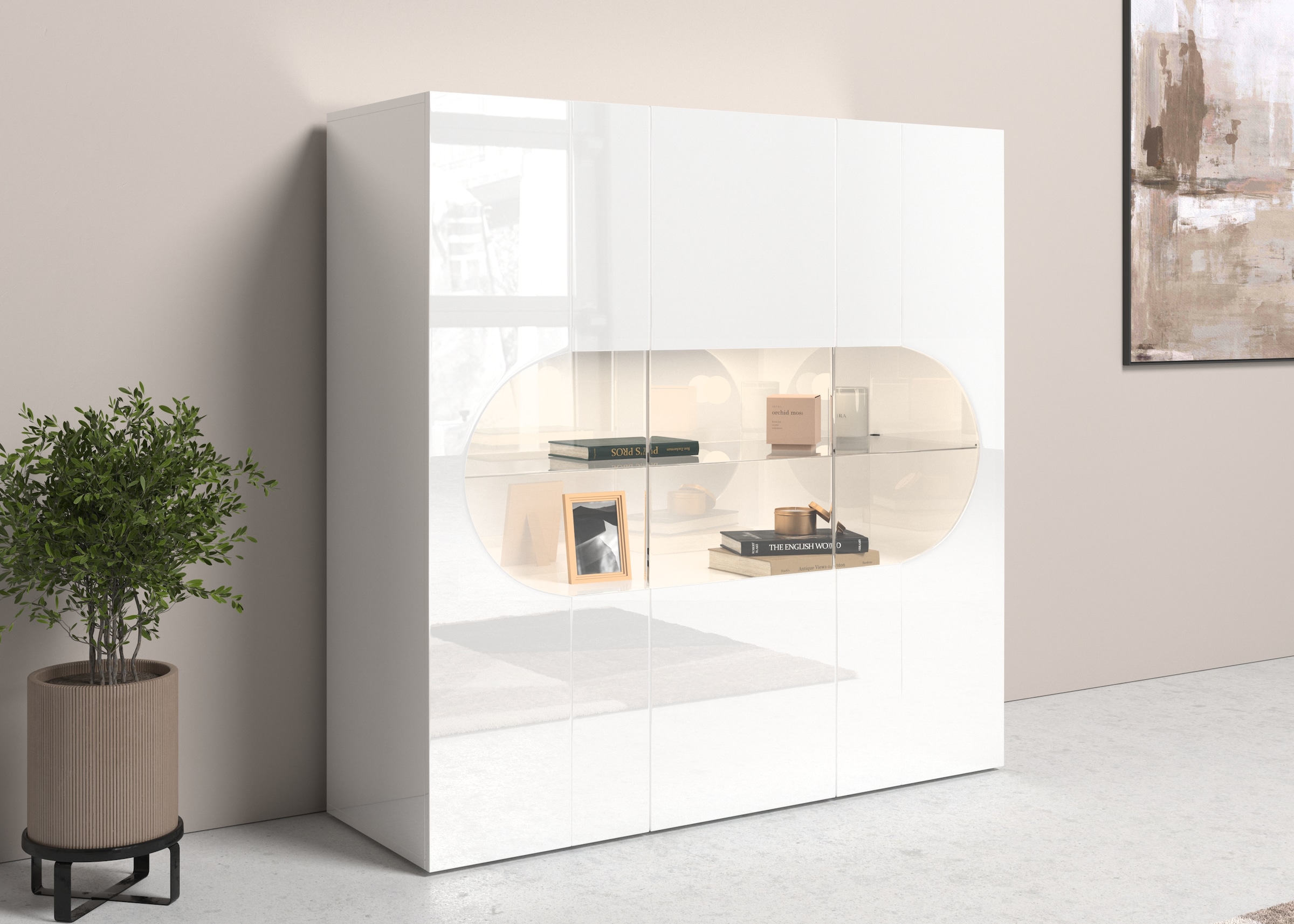 Image of Home affaire Highboard "Real,Highboard,Kommode,Schrank mit 3 Türen,komplett hochglanz lackiert" mit 3 Türen, davon 2 aus Glas, mit einer grossen Glasablage, Höhe 121