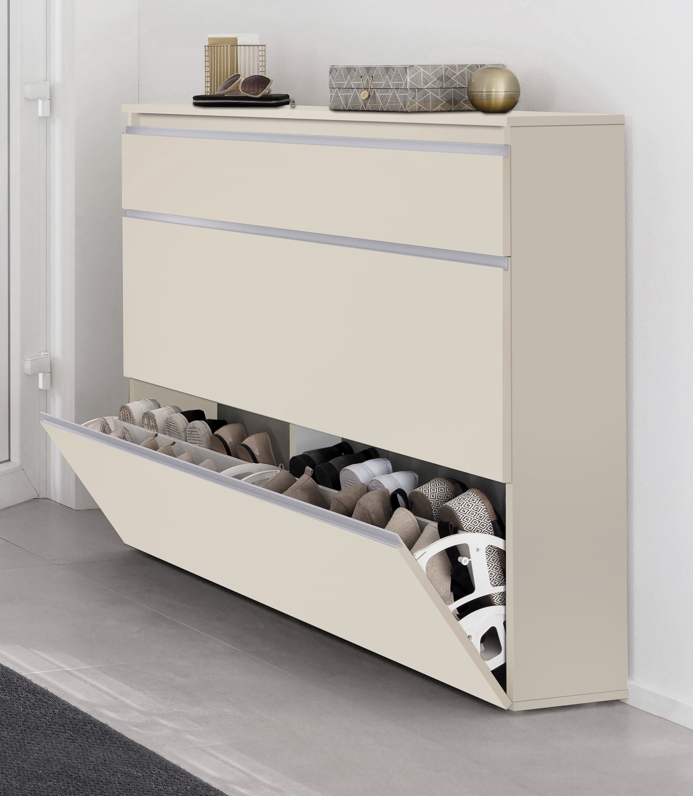Home affaire Schuhschrank »Magic Schuhschrank, Schuhkommode, Schuhregal, softgriff« 3 Klappen,Doppelschuhtrommeln,hochglanz lackiert oder matt,Breite 120